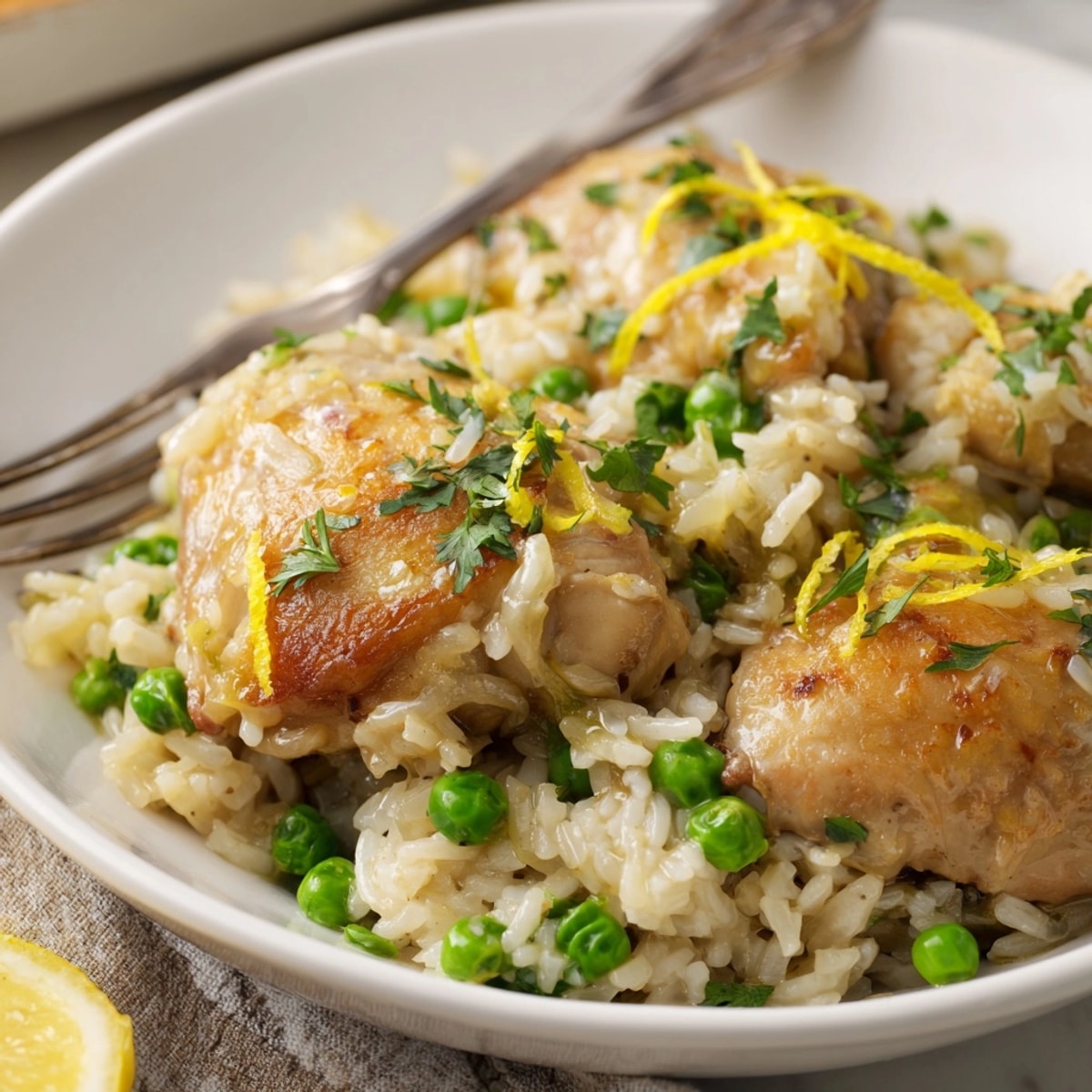 One-pot creamy lemon chicken and rice served steaming hot, garnished with fresh parsley sprigs.
