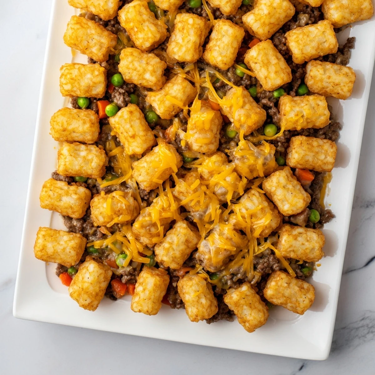 Golden brown tater tots top a bubbling Family Favorite Tater Tot Casserole with melted cheese.