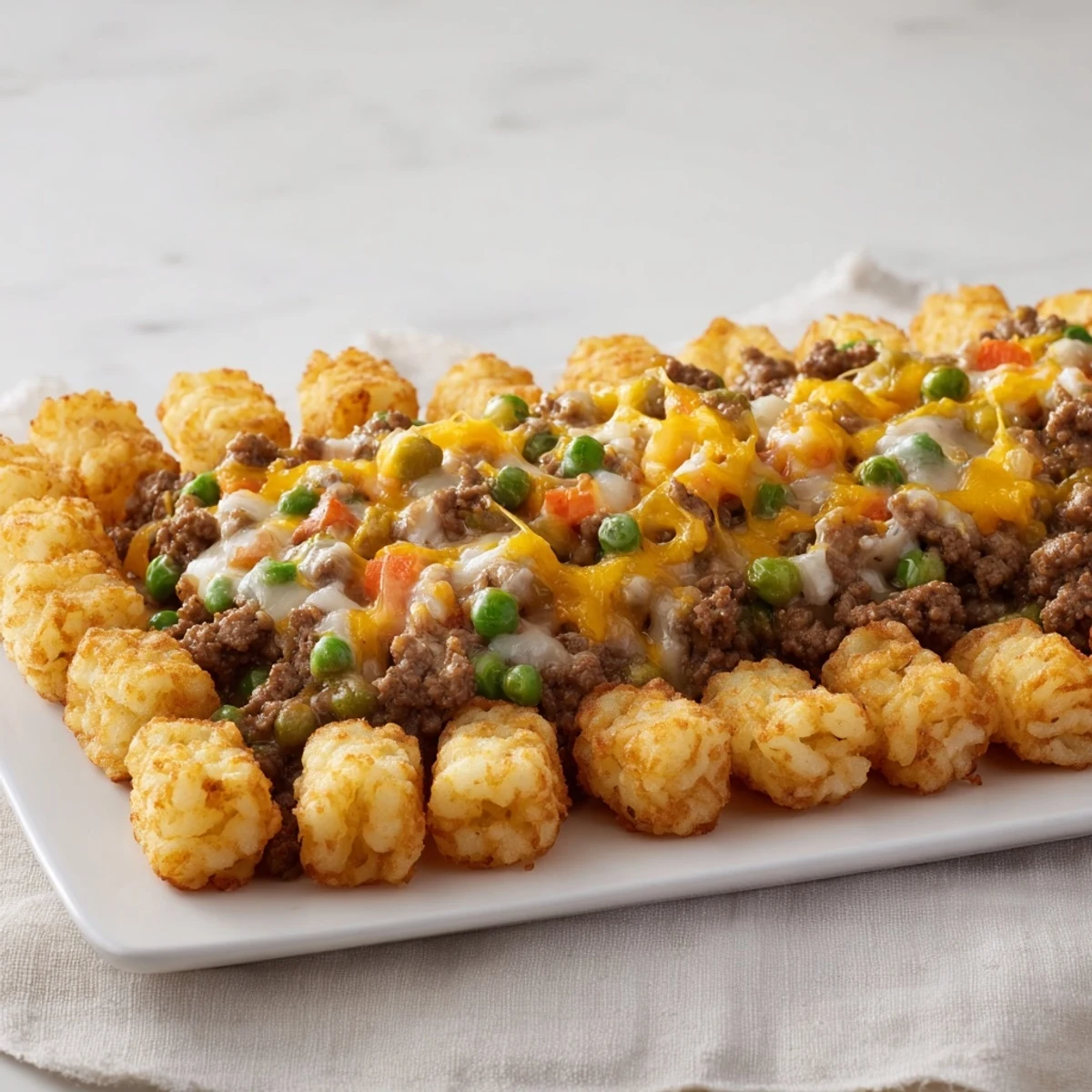 A close-up of a Family Favorite Tater Tot Casserole, a comforting mix with ground beef and cheese.