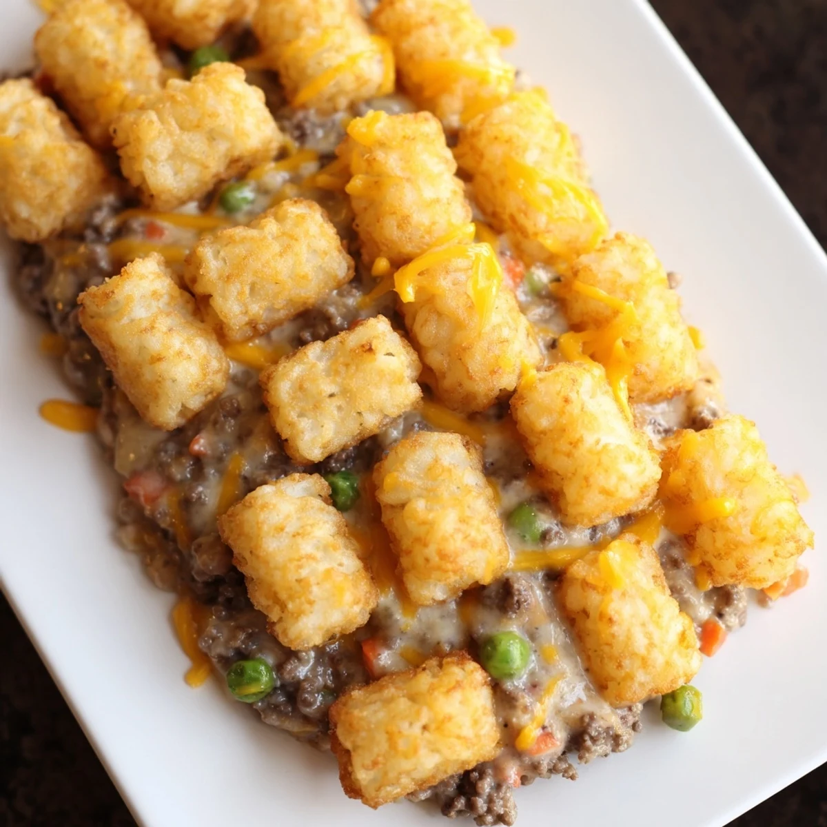 This savory, cheesy Family Favorite Tater Tot Casserole features a creamy filling and crispy tater tots.