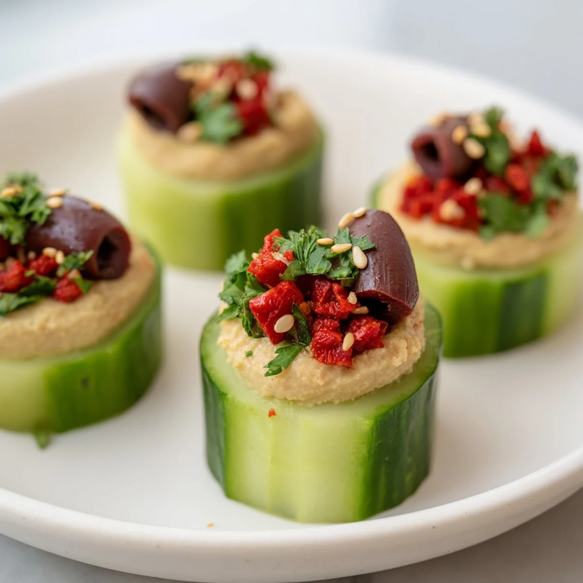 Crisp cucumber bites topped with rich hummus and colorful garnishes await, Mediterranean flavors bursting forth.