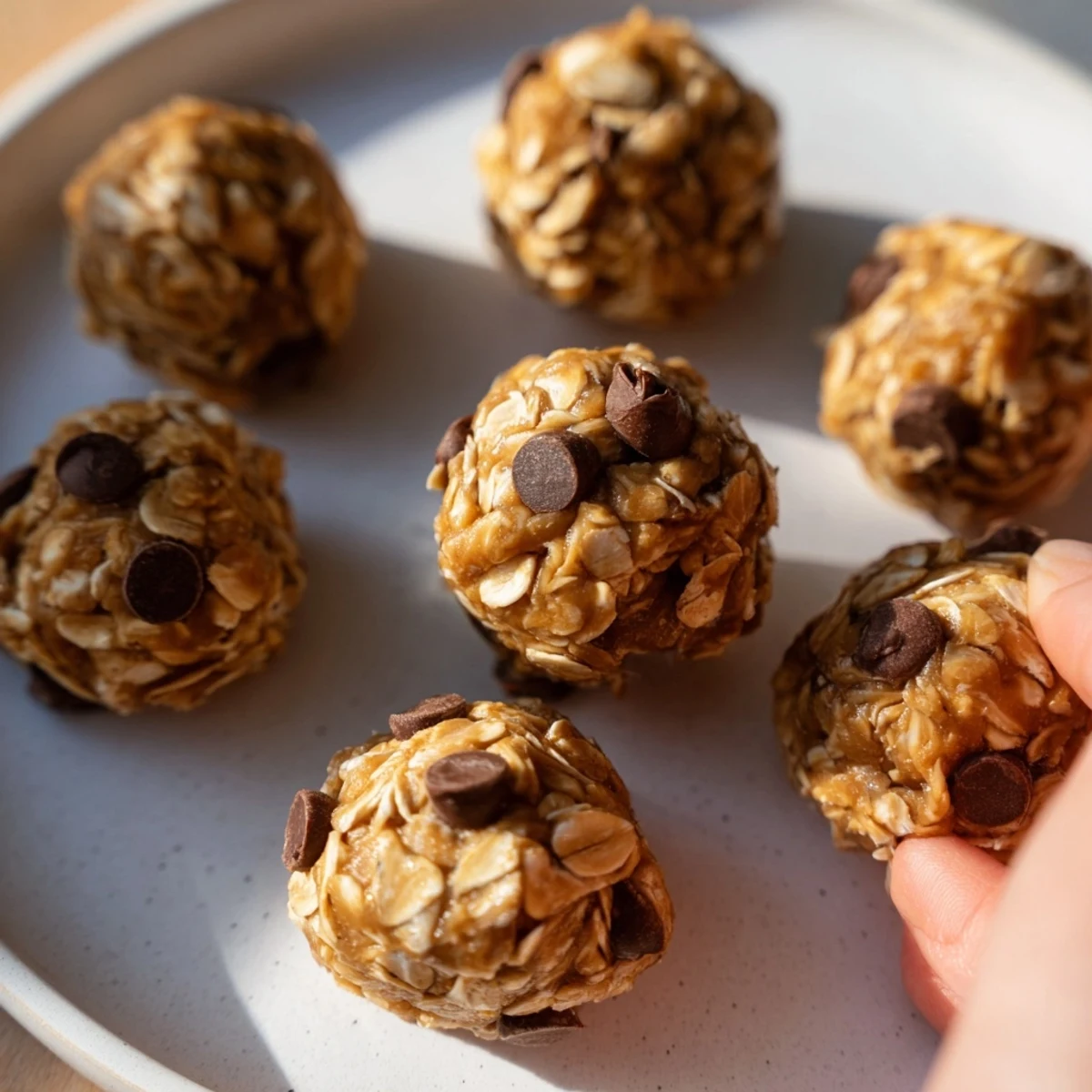 A close-up of perfectly round no-bake peanut butter energy balls ready to grab and enjoy.