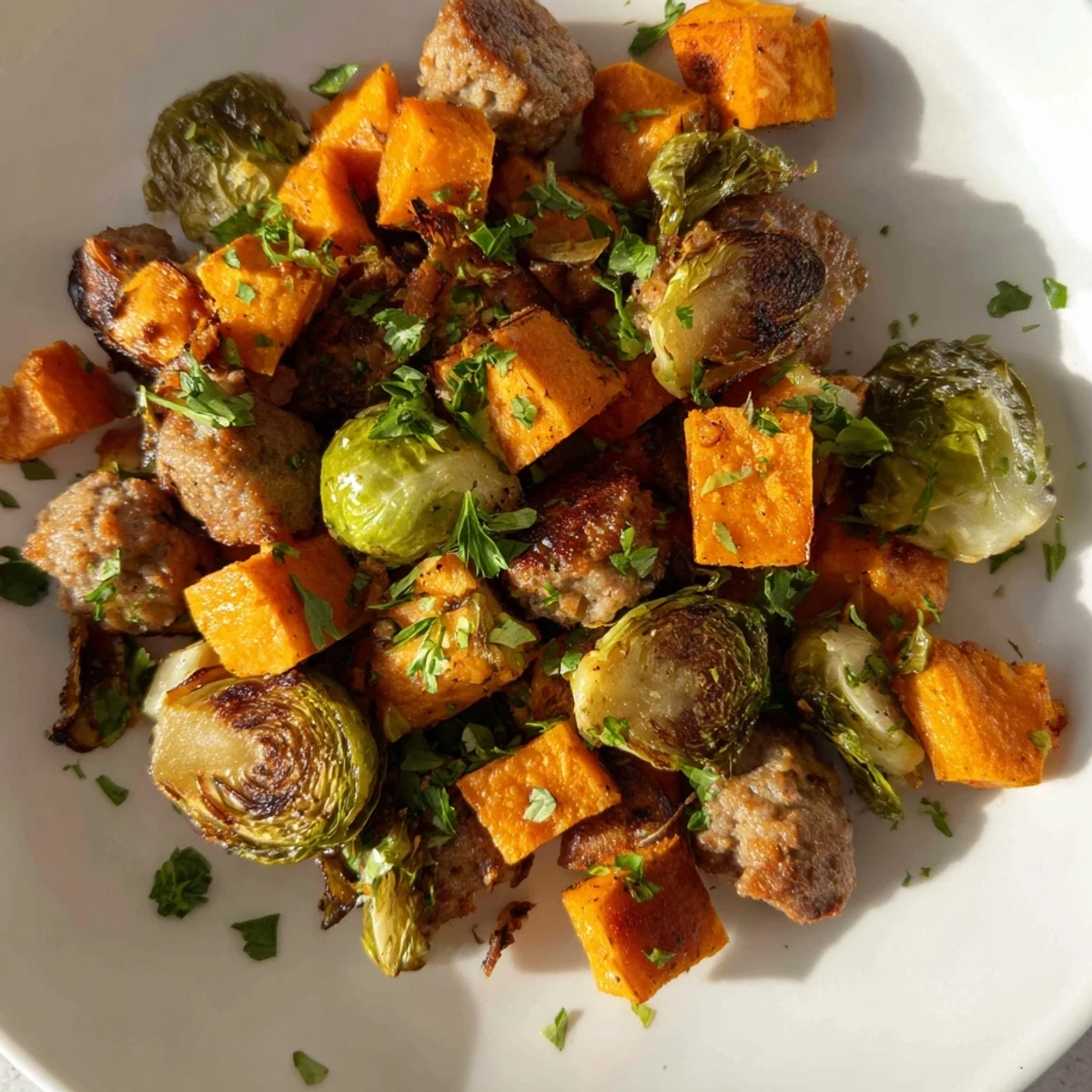 Sheet Pan Sausage, Sweet Potato, and Brussels Sprouts, a flavorful medley of roasted veggies and sausage.