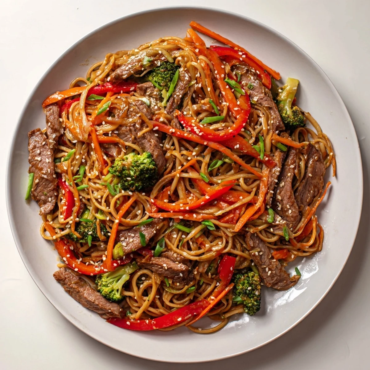 The finished Easy Beef Stir-Fry with Lo Mein Noodles dish, topped with sesame seeds and green onions, ready to eat.