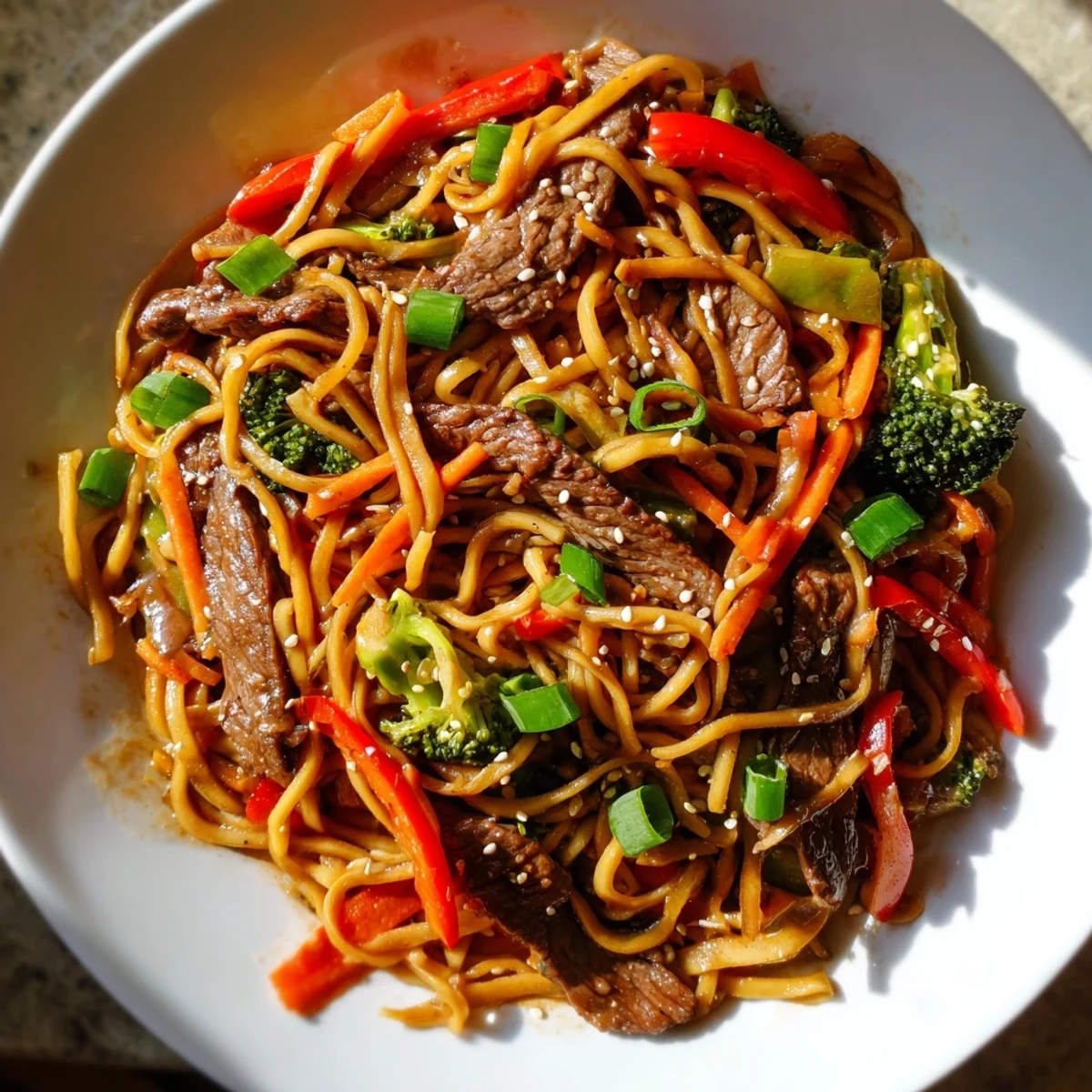 Close-up of Easy Beef Stir-Fry with Lo Mein Noodles: tender beef and vegetables are tossed with chewy noodles.