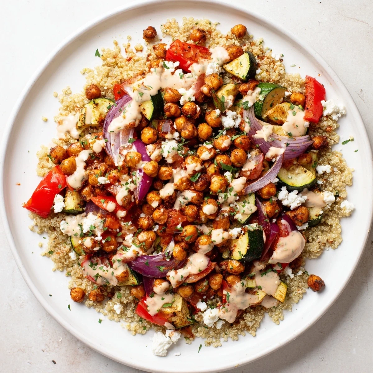 Vibrant Mediterranean chickpea and veggie grain bowl with lemon-tahini dressing, a healthy, flavorful meal.