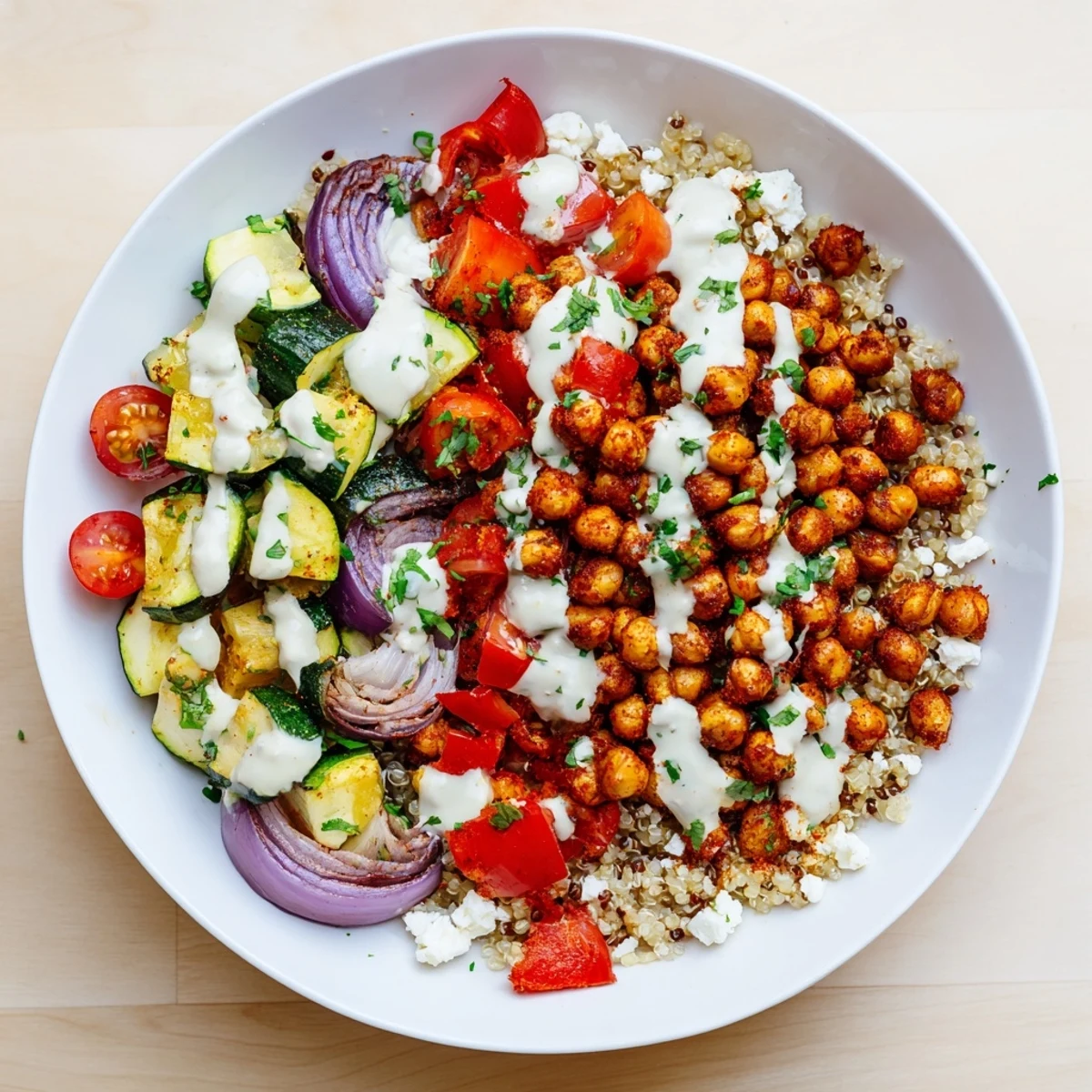 This hearty Mediterranean chickpea and veggie grain bowl features beautifully roasted vegetables and creamy dressing, delicious!