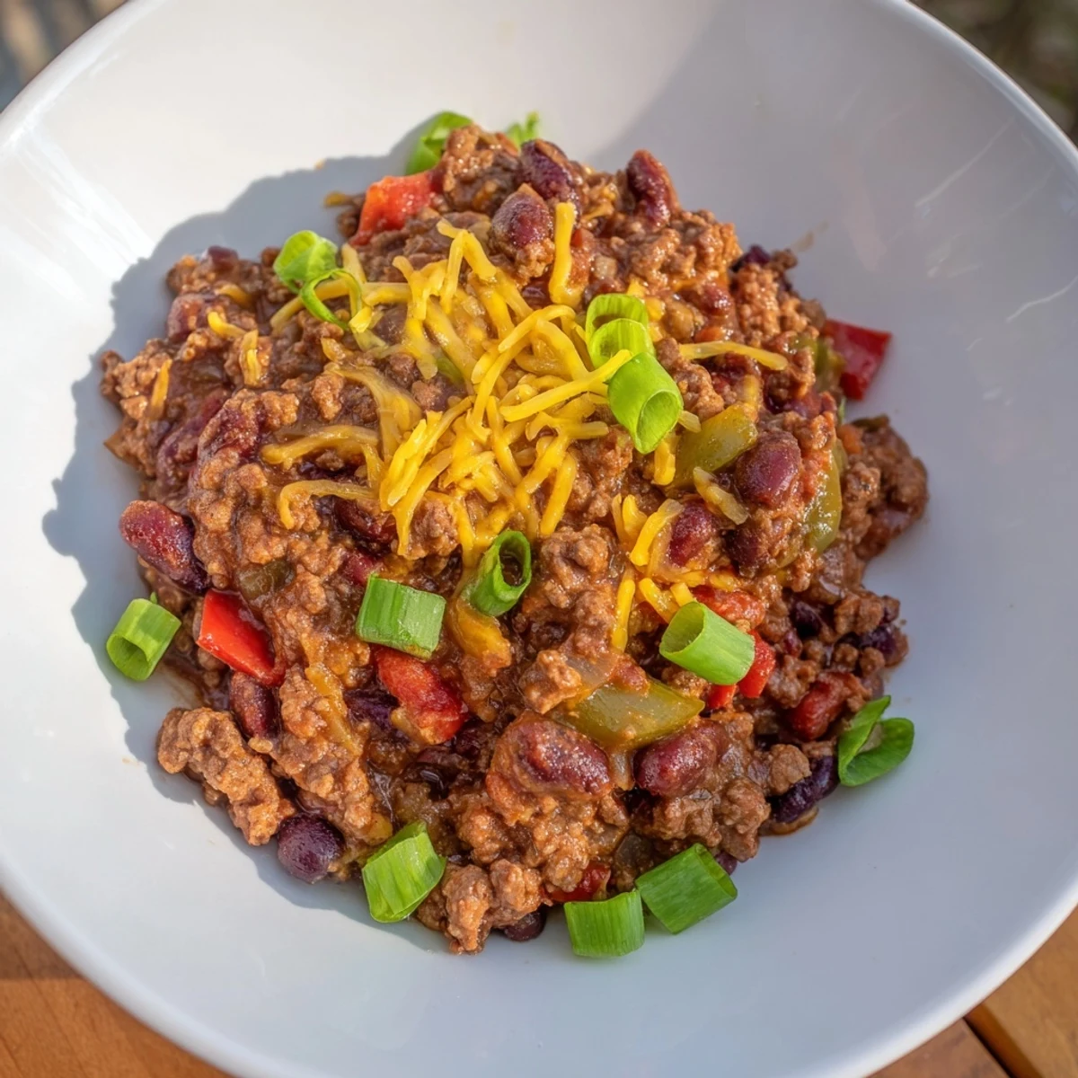 Hearty Simple Weeknight Chili, a rich, red stew filled with beef and beans, looks delicious.