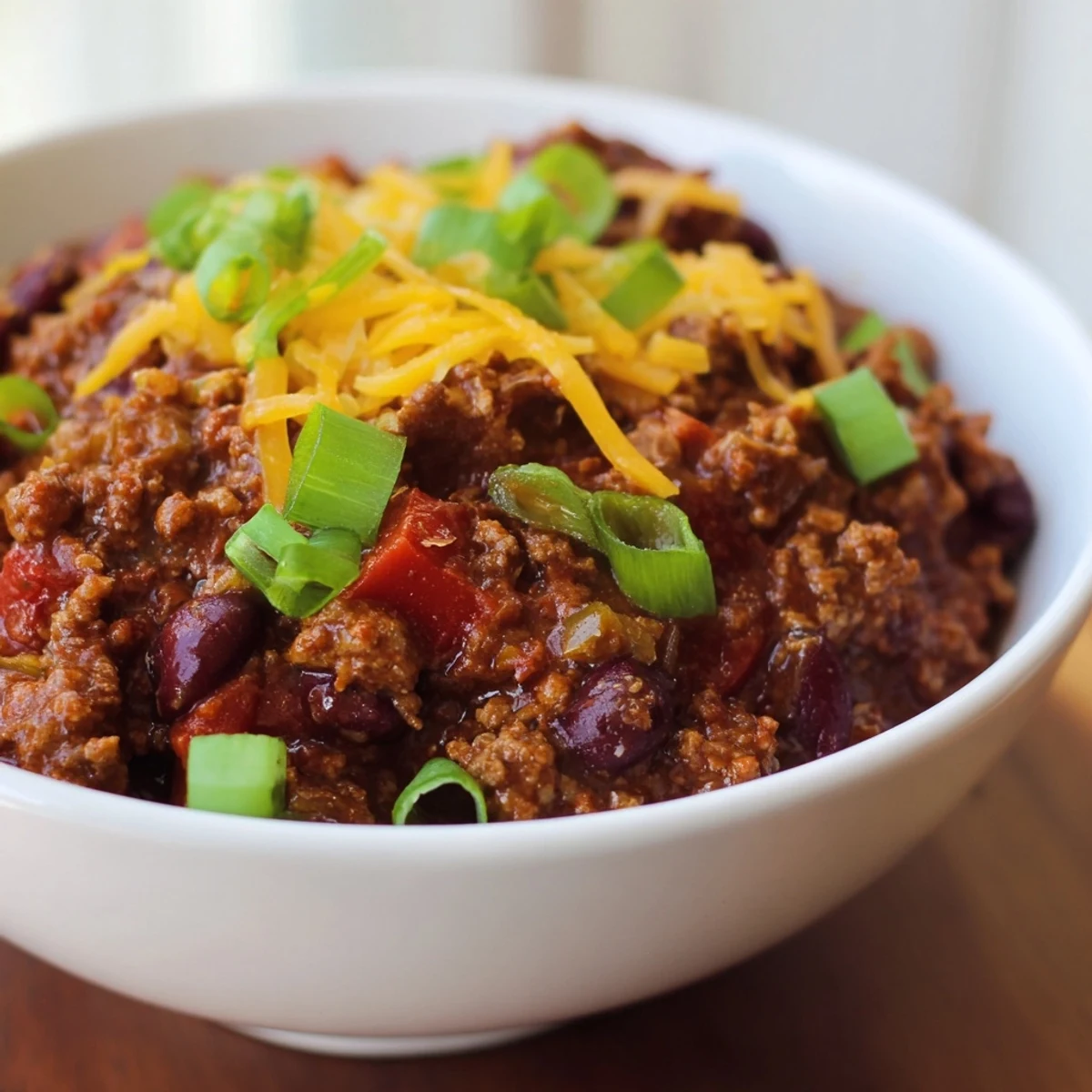 A close-up shot of hot Simple Weeknight Chili, garnished with fresh green onions and cilantro.