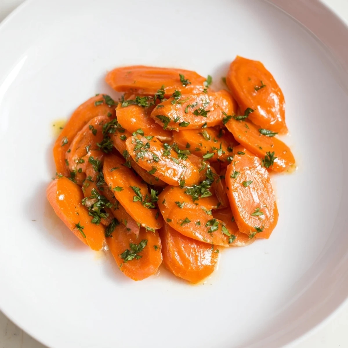 Golden Honey-Glazed Carrots glistening with a sweet, golden glaze, perfect as a vibrant side dish.