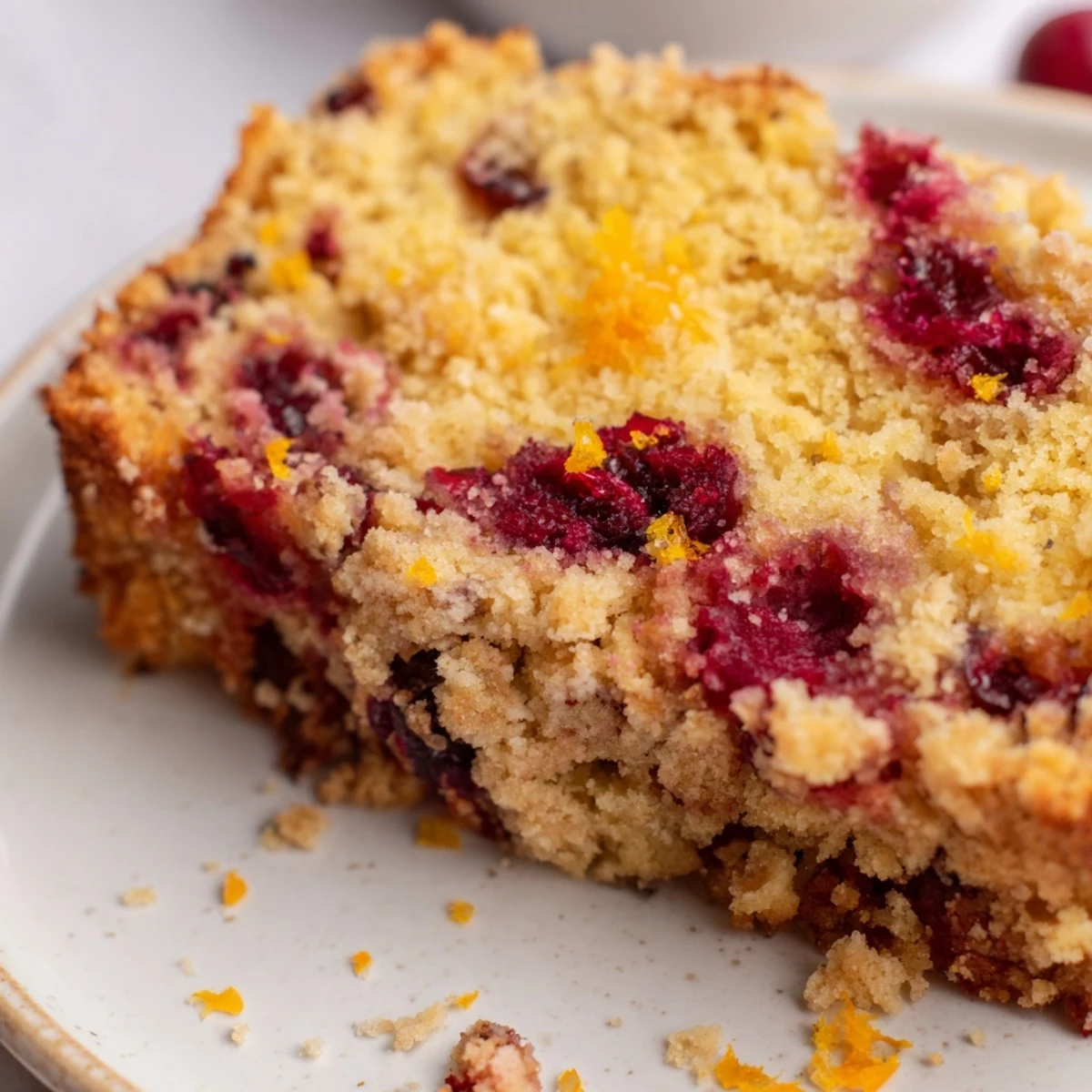 Golden-brown Seasonal Cranberry and Orange Bread, steaming, with tart berries baked inside, ready to slice.