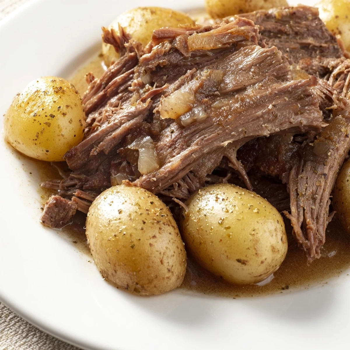 Close-up of a slow cooker pot roast with potatoes, slow-cooked to perfection for easy serving.
