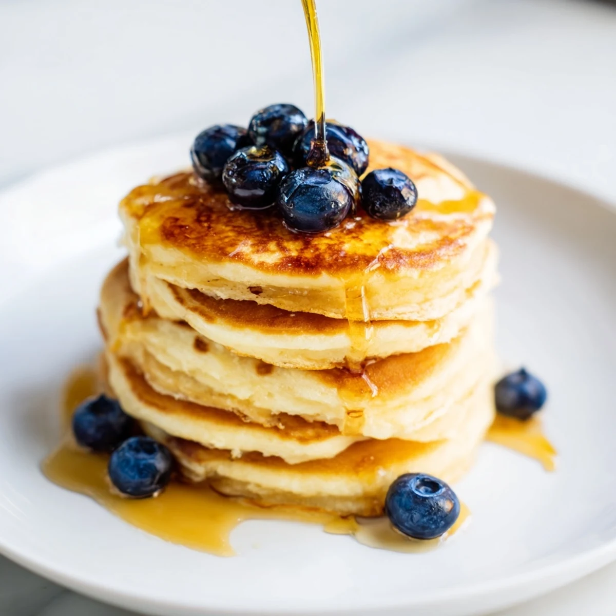 Stack of light and airy ricotta pancakes, topped with fresh berries, ready for a delicious brunch.