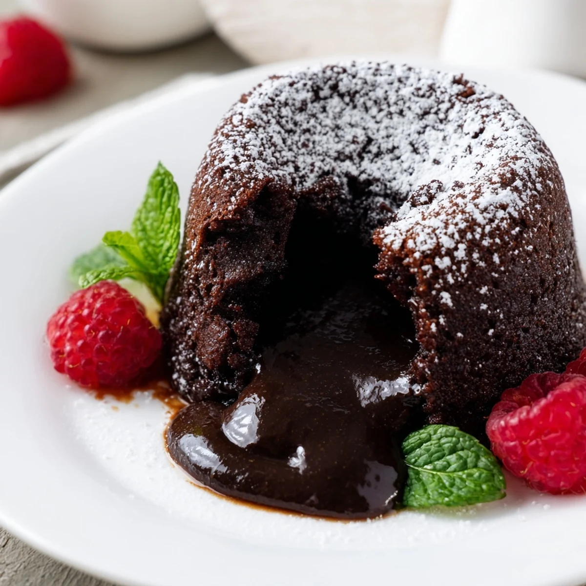 Beautifully plated mini chocolate lava cakes, with powdered sugar dusting and fresh berries.