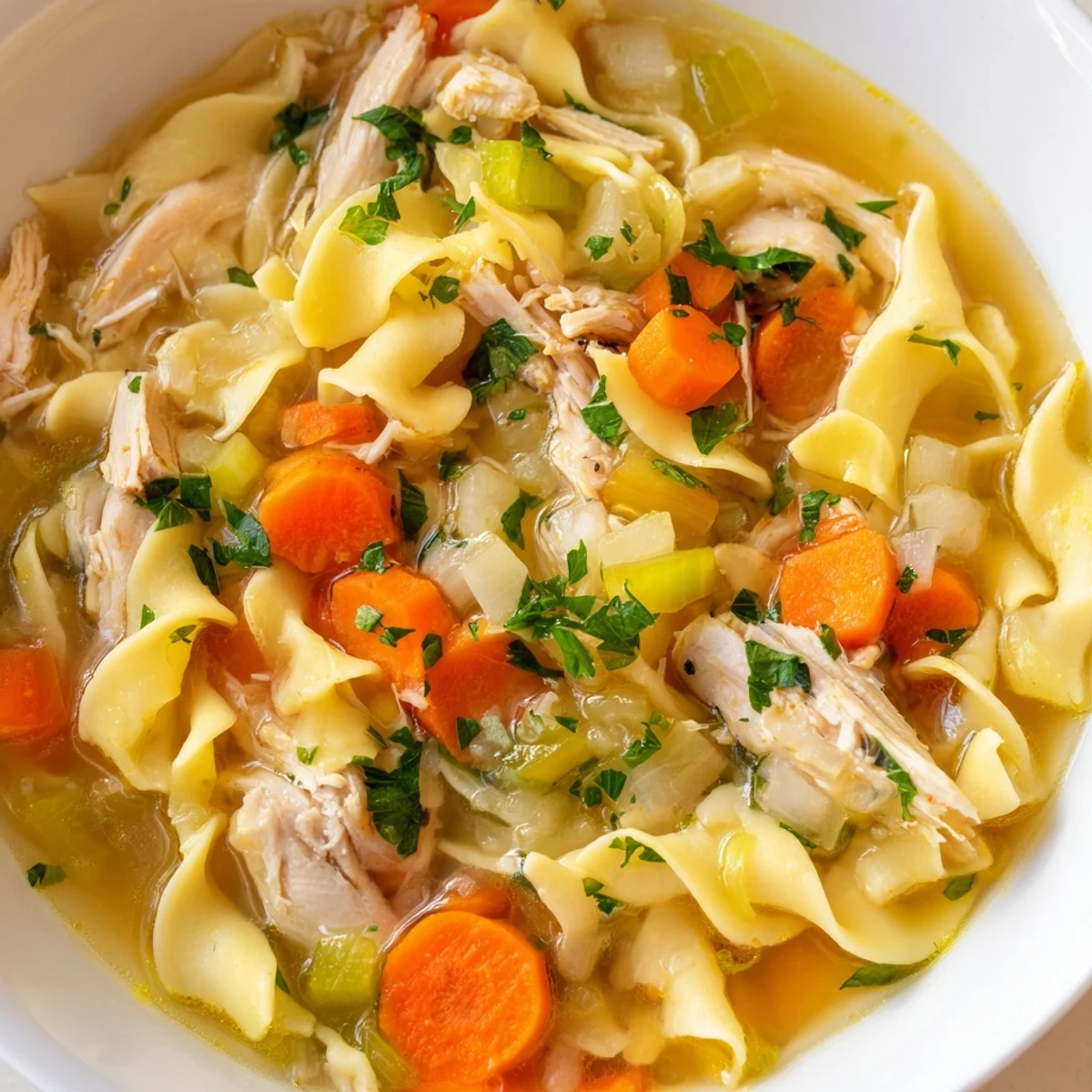 A close-up view of homemade Cozy Chicken Noodle Soup, a comforting and flavorful classic.