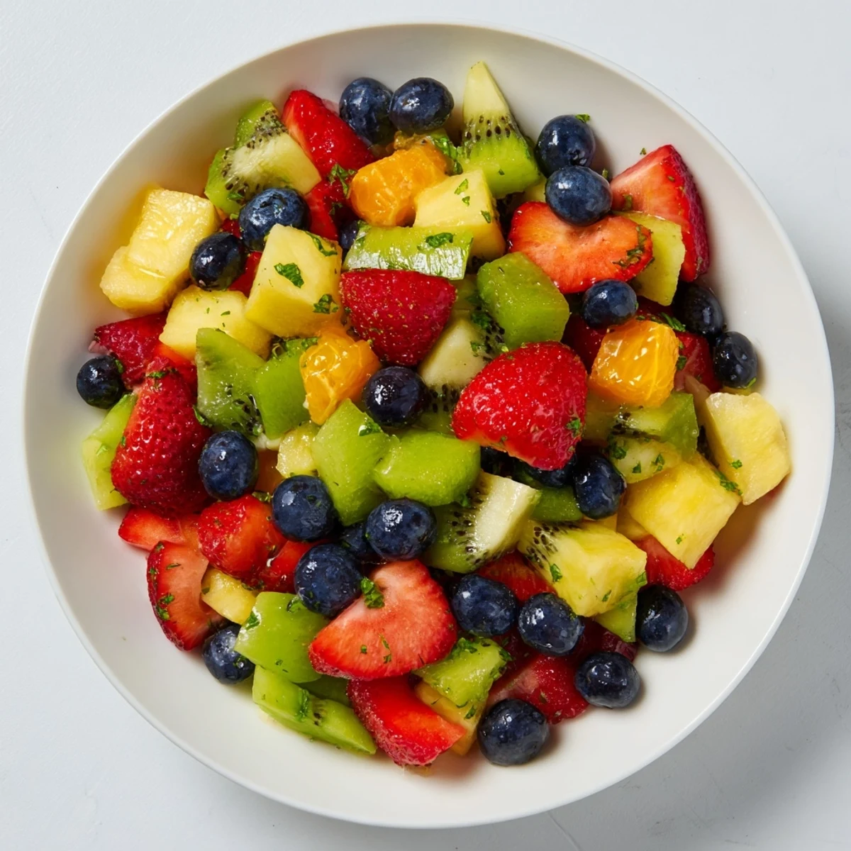 Vibrant fruit salad glistening with a sweet honey-lime dressing, a refreshing dessert for summer.