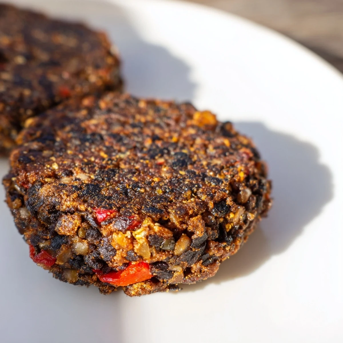 Golden-brown Vegetarian Black Bean Burgers ready to serve with fresh tomato and onion.