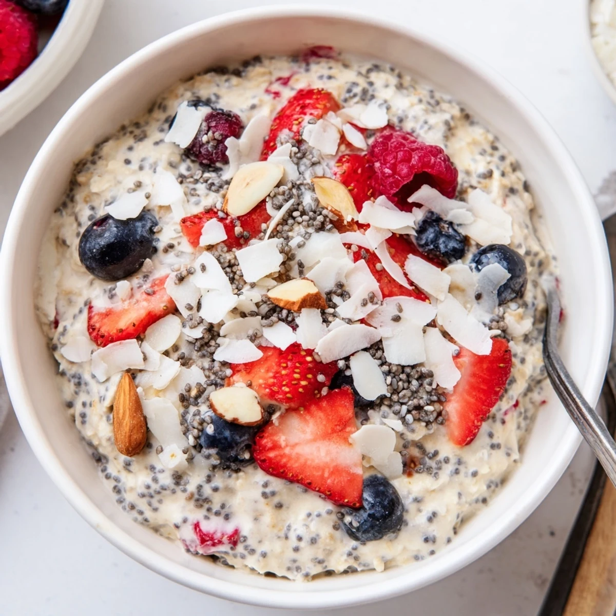 Sweet and refreshing overnight oats with berries showcase a layered jar with fresh toppings.