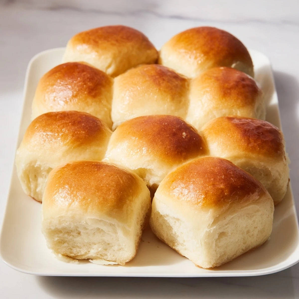 Warm Quick-Rise Dinner Rolls, brushed with butter, ready to be pulled apart and enjoyed with family.
