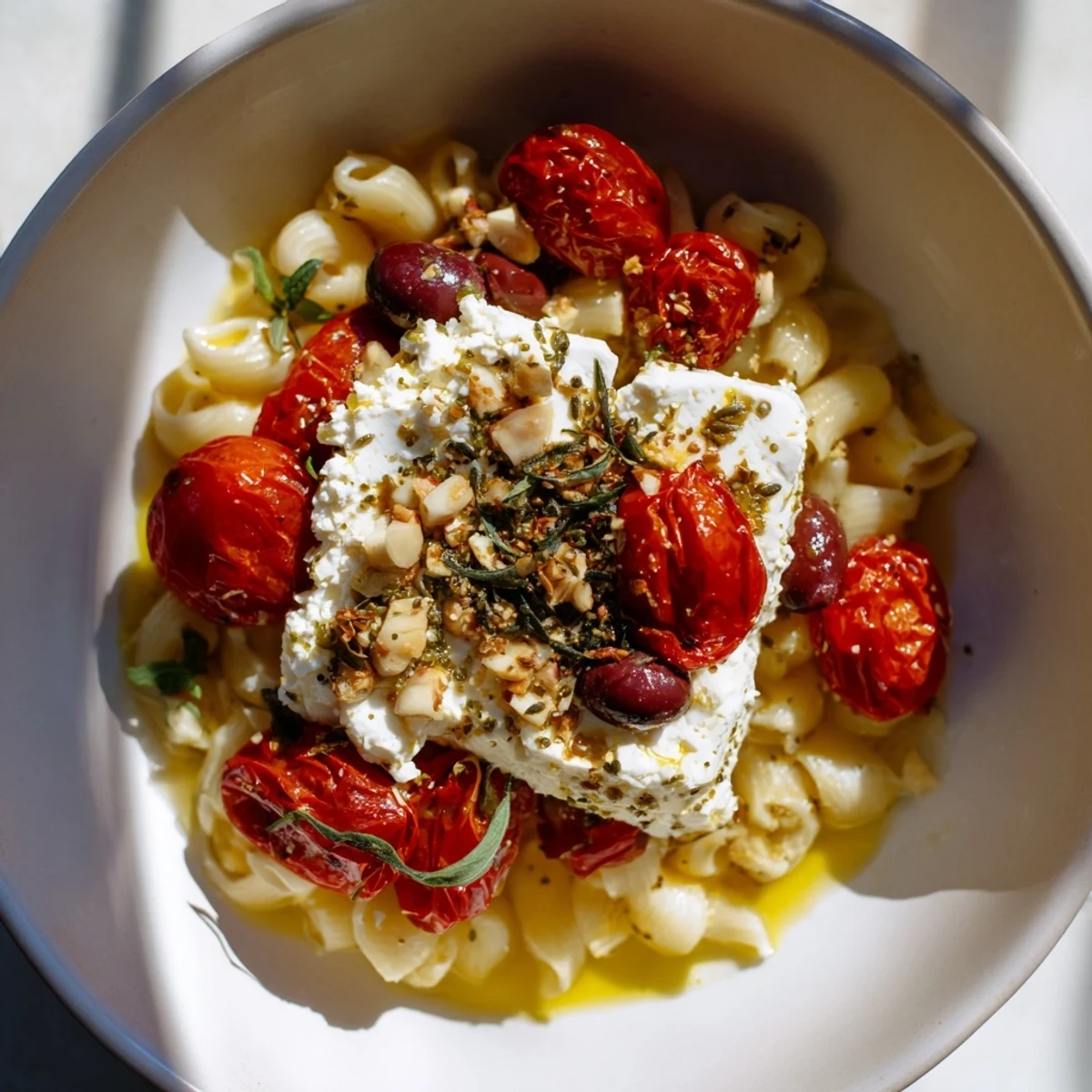Creamy Baked Feta Pasta with bursting cherry tomatoes and olives in a flavorful, Mediterranean dish.