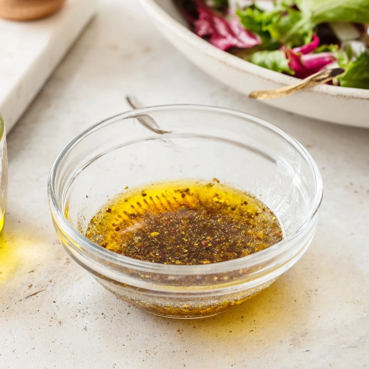Simple Honey Vinaigrette Salad Dressing glistening over colorful fresh greens with roasted vegetables.
