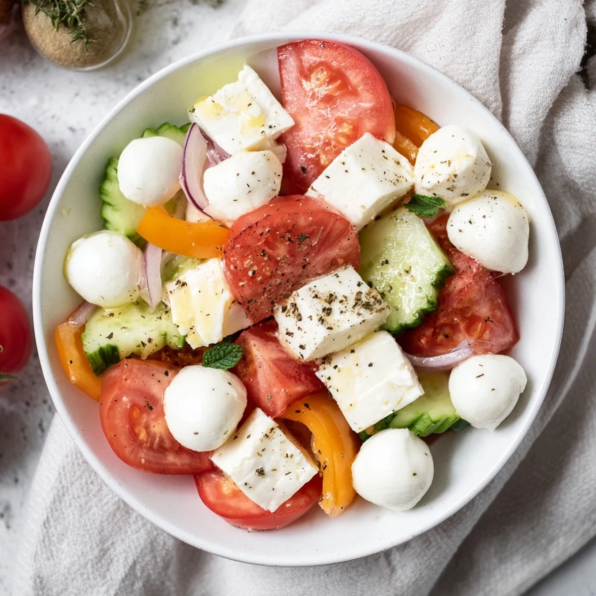 A brightly lit Sun-Drenched Patio mezze platter showcasing fresh feta, vegetables, and olives.