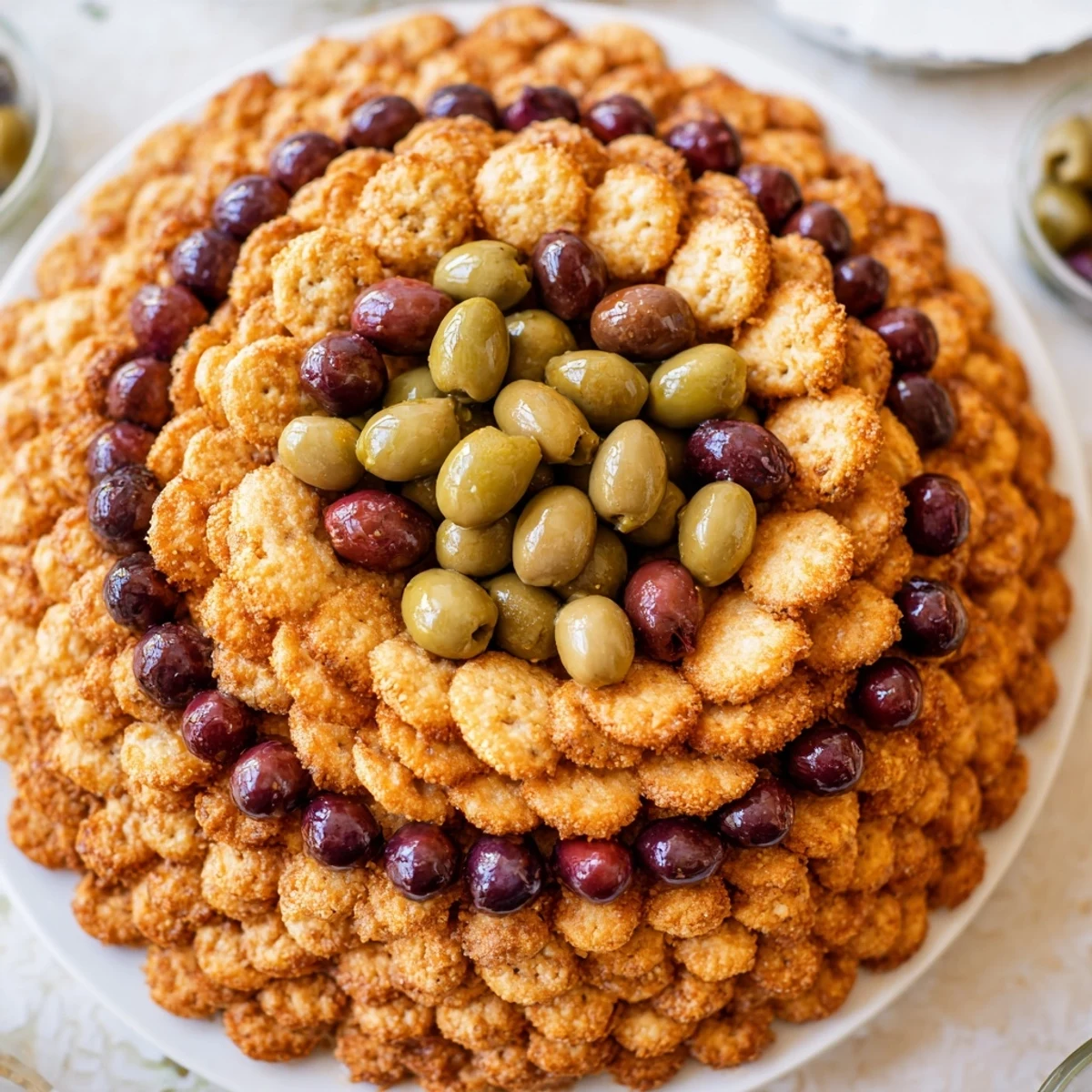 Crisp crackers form the Roman Colosseum Snack Platter's walls, with olives as tiny gladiators in the arena.