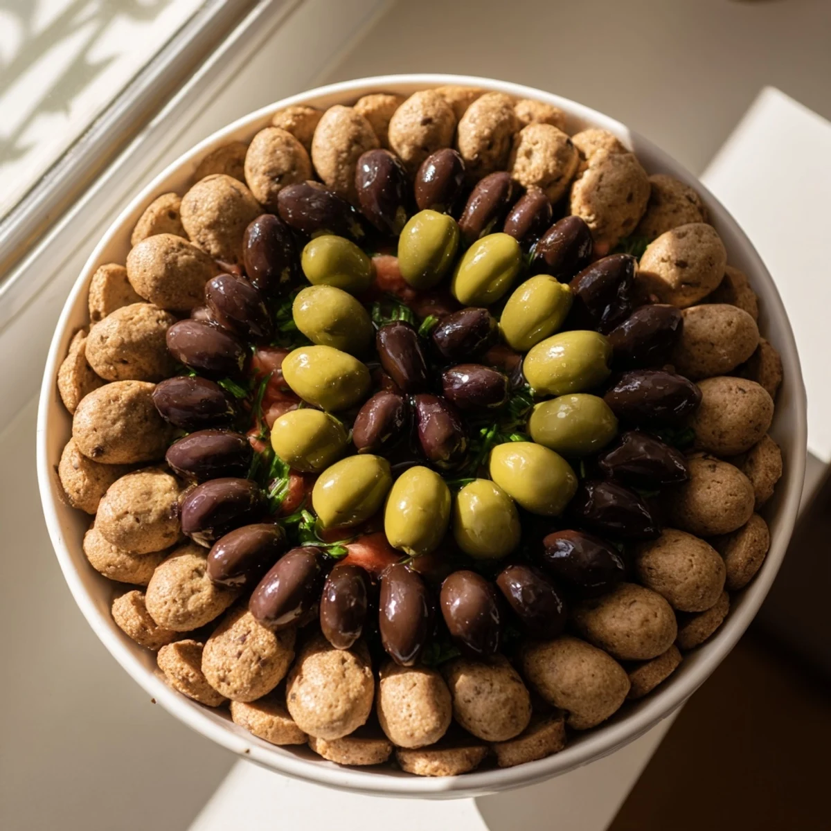 A vibrant Roman Colosseum Snack Platter—savory crackers surround the olive "gladiators," ready to serve!