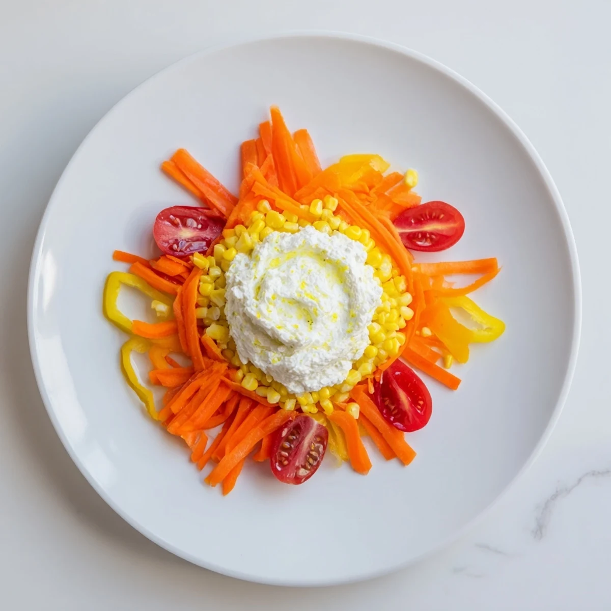Vibrant Prism Burst Salad featuring colorful fruits and veggies fanned from a creamy white center.