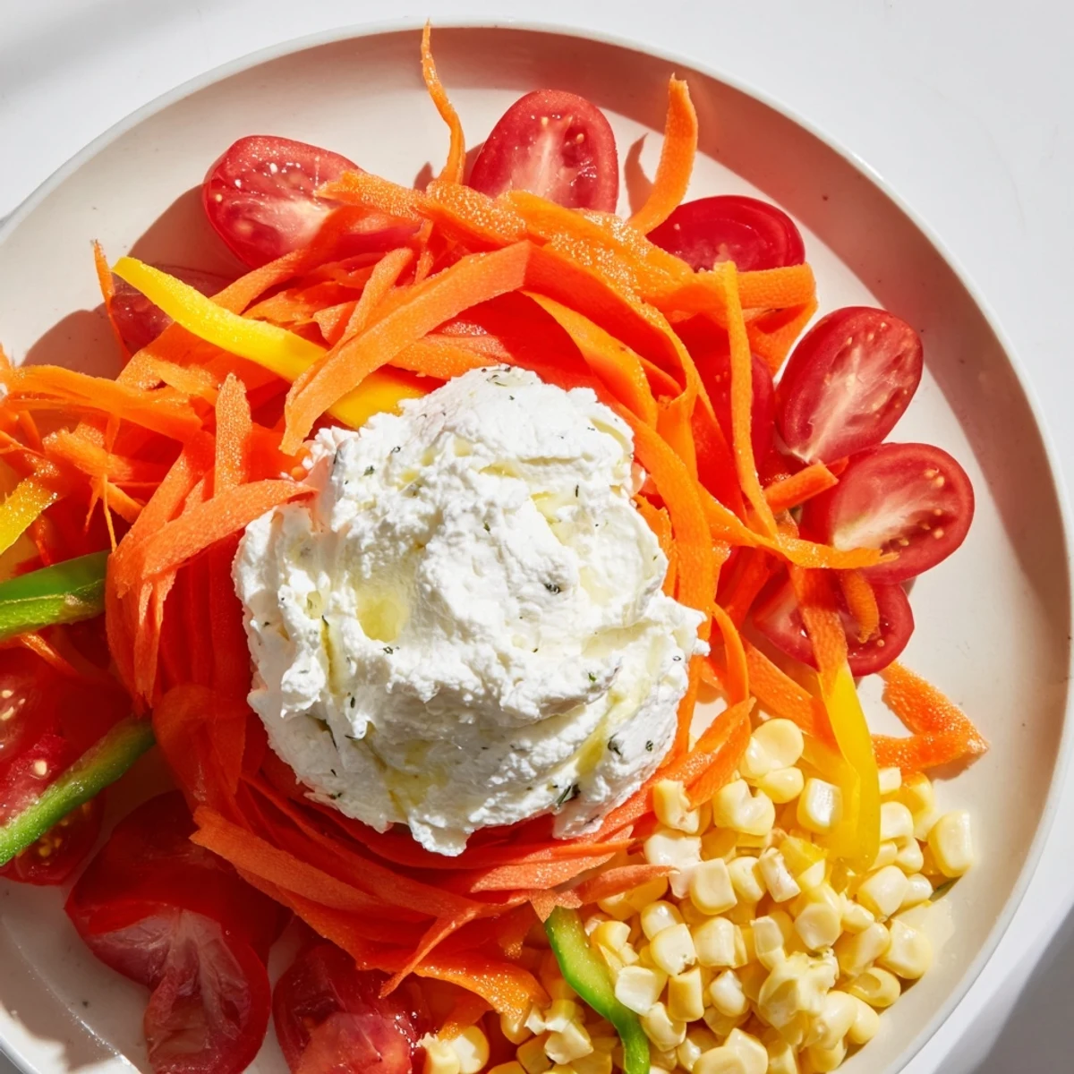 This delicious Prism Burst salad displays fresh rainbow ingredients, a feast for the eyes and tastebuds.