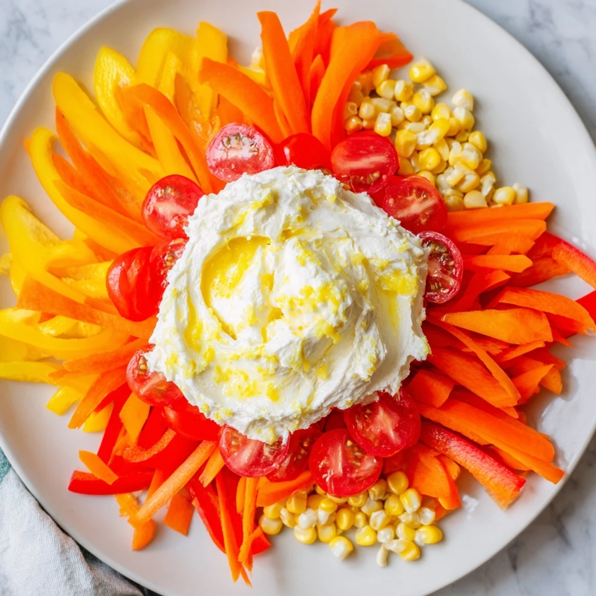 Imagine the flavors of this Prism Burst salad, a beautiful arrangement topped with a light lemon dressing.