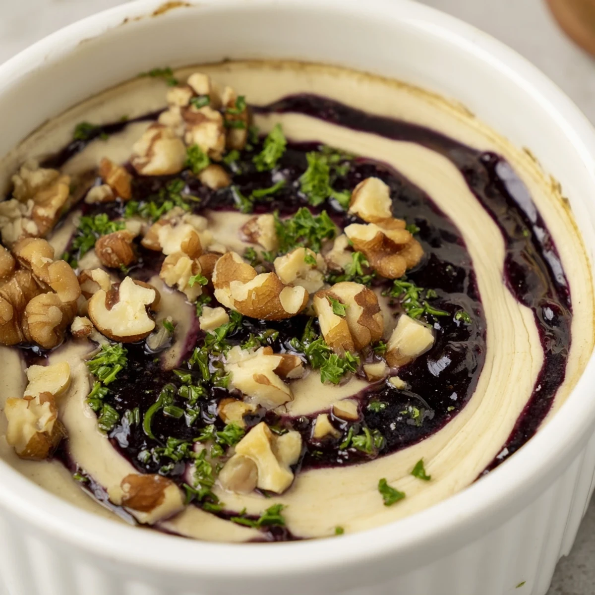 The layered The Velvet Underground appetizer with smooth pâté and colorful jams, ready to be served.