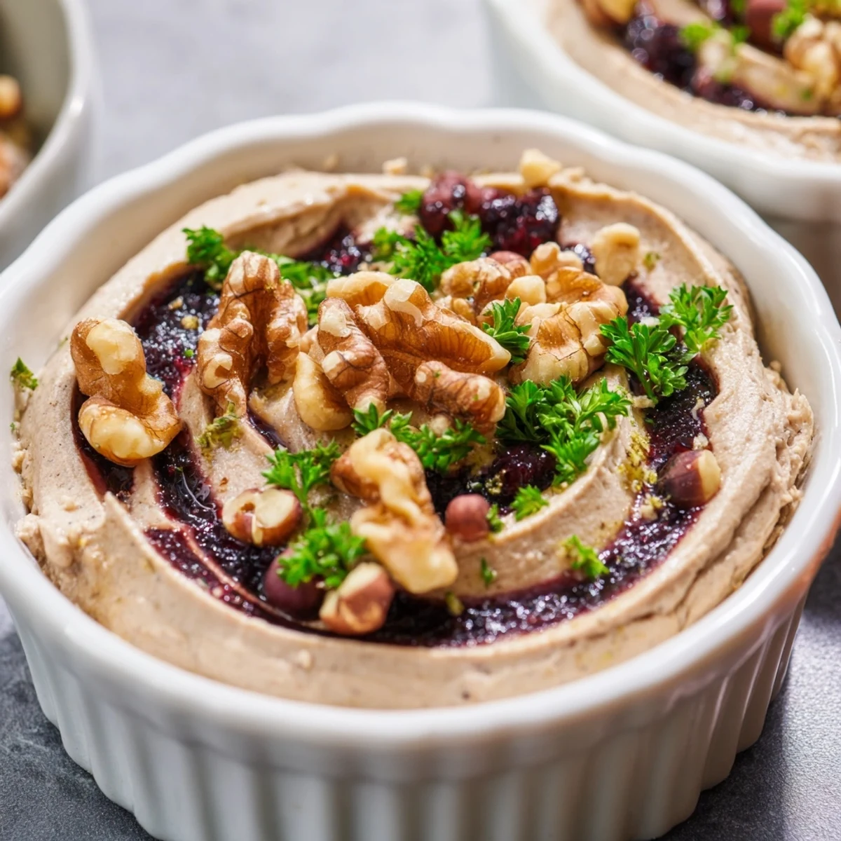 A close-up of The Velvet Underground appetizer shows layers of pâté and sweet jams with crunchy nuts.