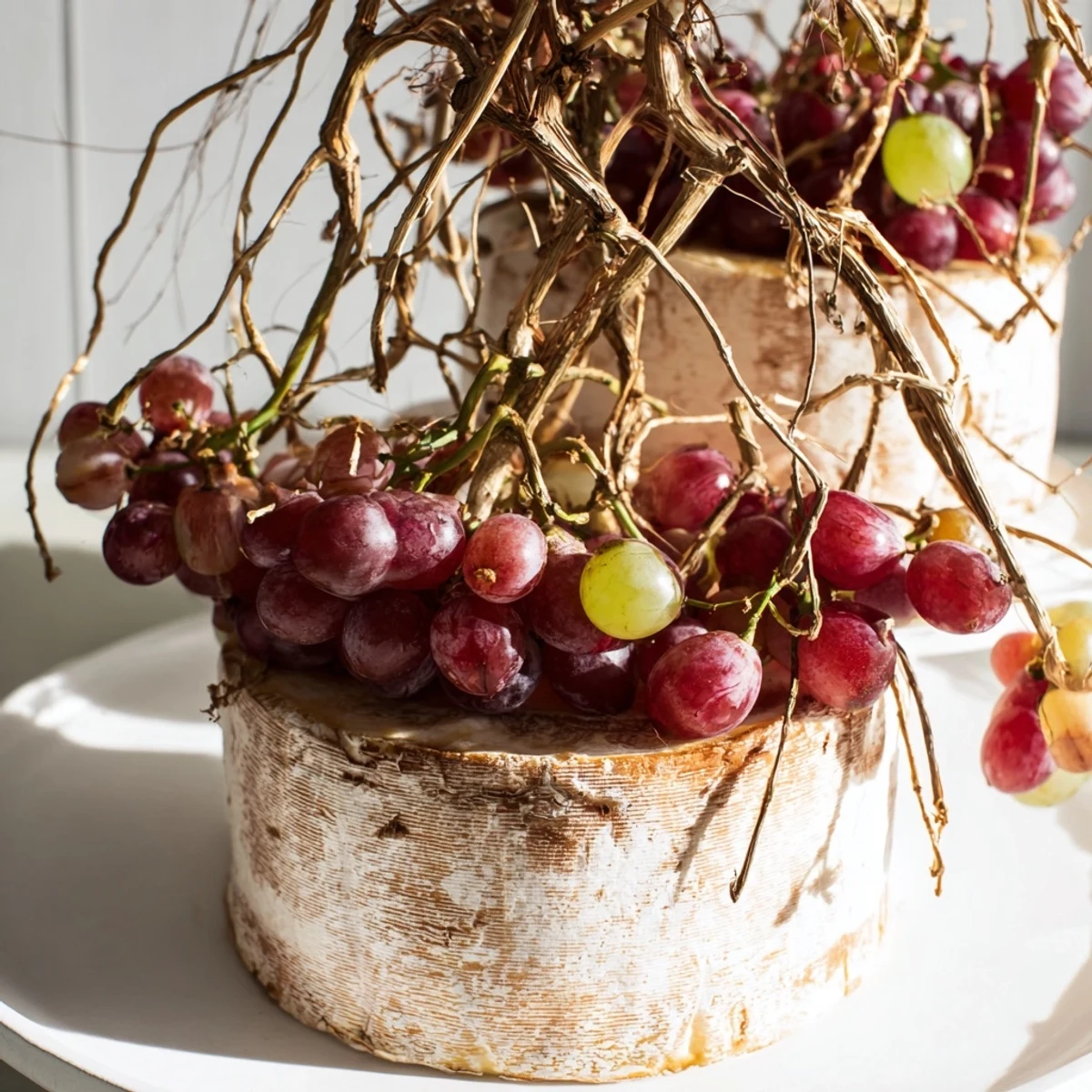 Fresh grapevine and cheese: The Rustic Vineyard appetizer, featuring grapes and rustic cheese.