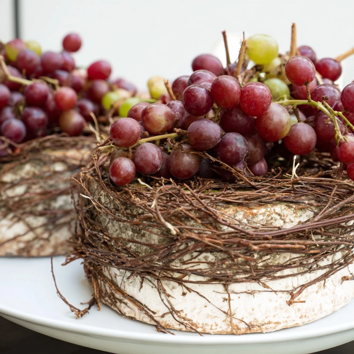 Enjoy The Rustic Vineyard: A beautifully arranged platter of cheese, grapes, and grapevine, perfect for sharing.