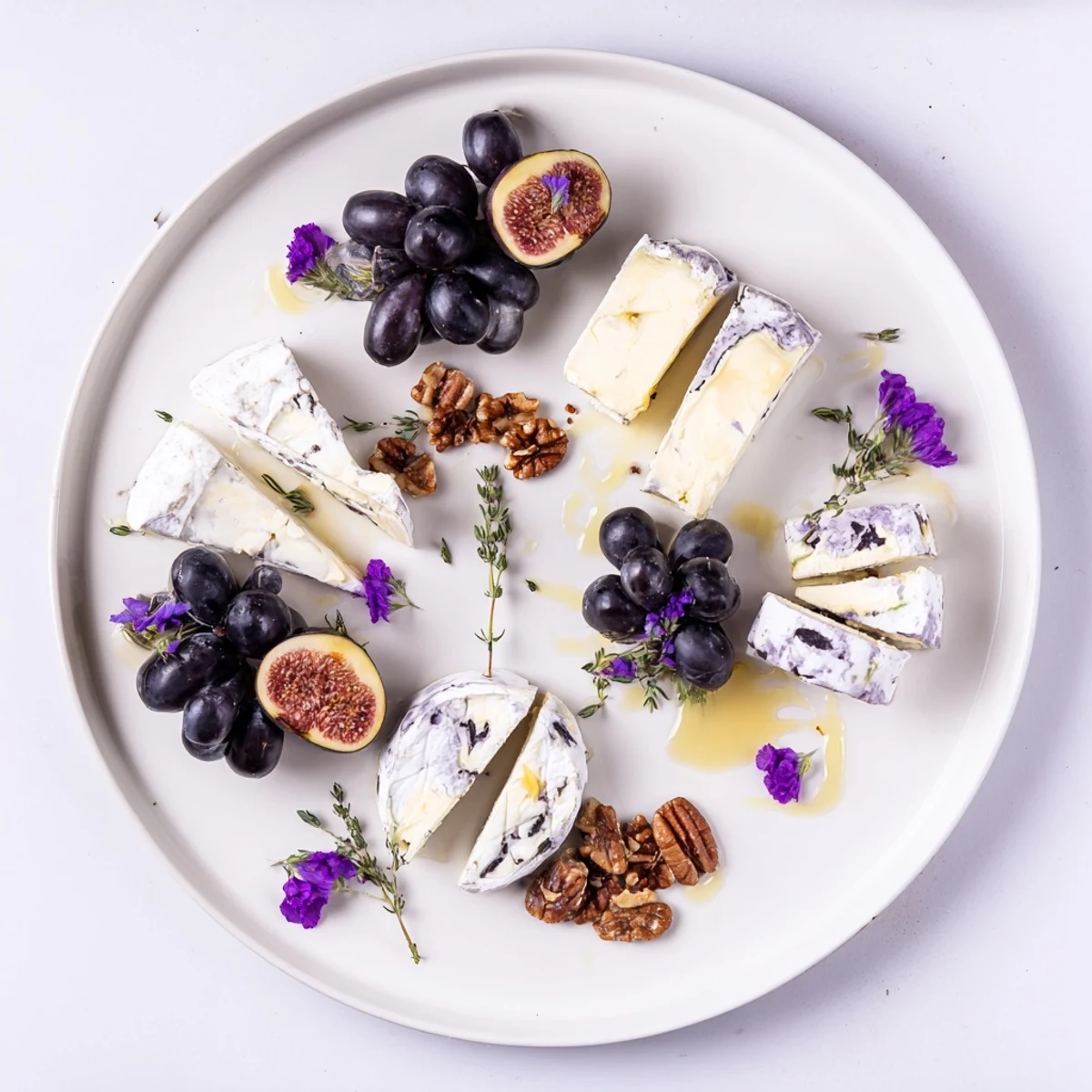 A beautiful The Lavender Haze cheese platter with vibrant grapes, figs, and floral garnishes, ready to serve.
