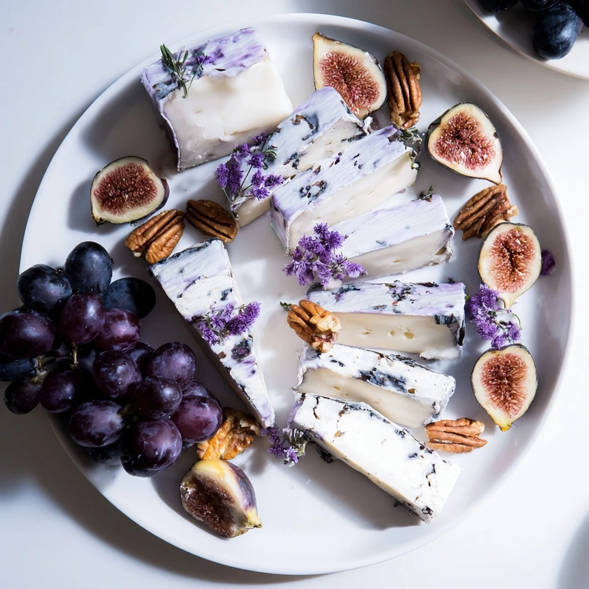 The Lavender Haze features decadent goat cheese drizzled with honey, alongside fresh, colorful accompaniments.