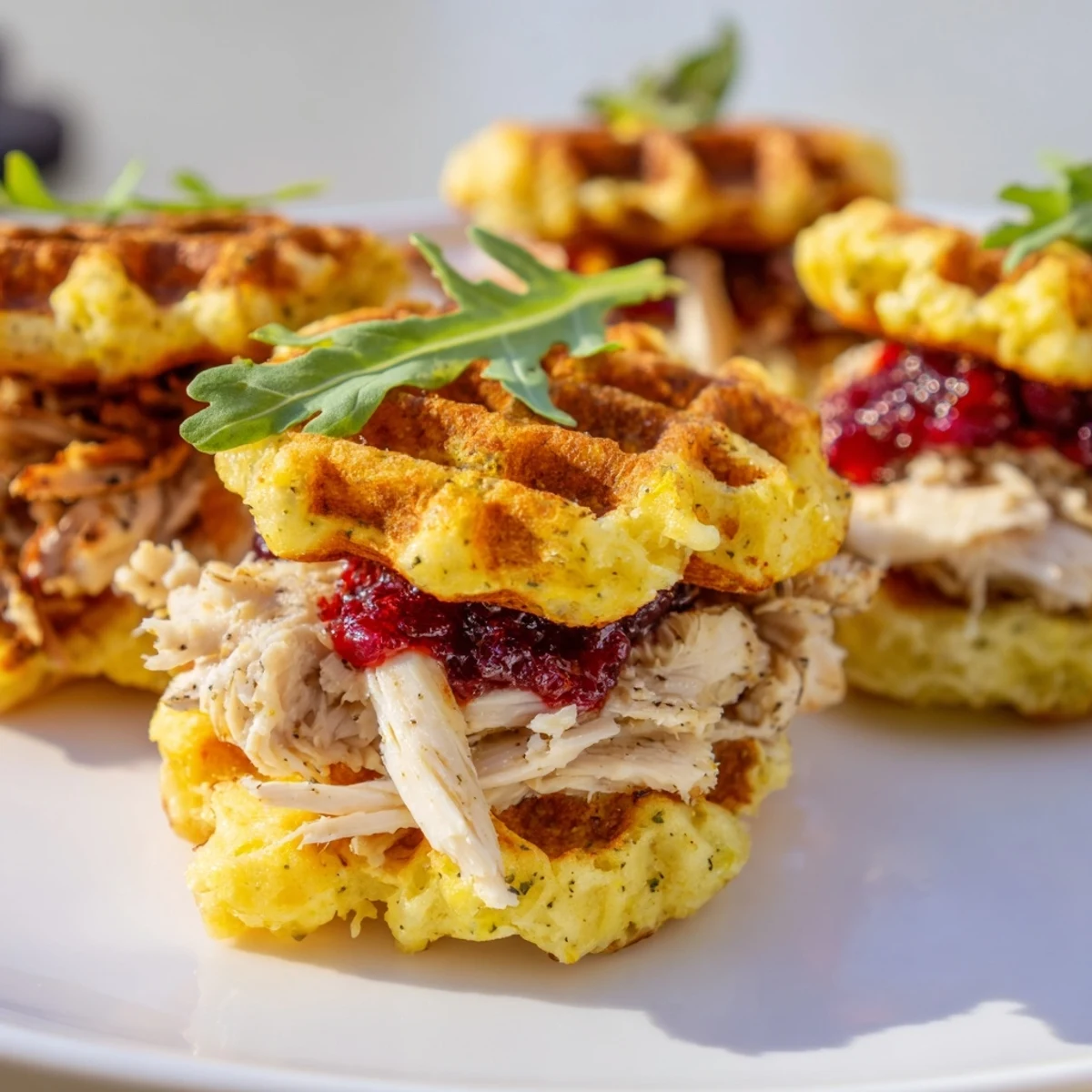 Golden, crispy stuffing waffle chicken sliders, piled high with shredded chicken and cranberry mayo.
