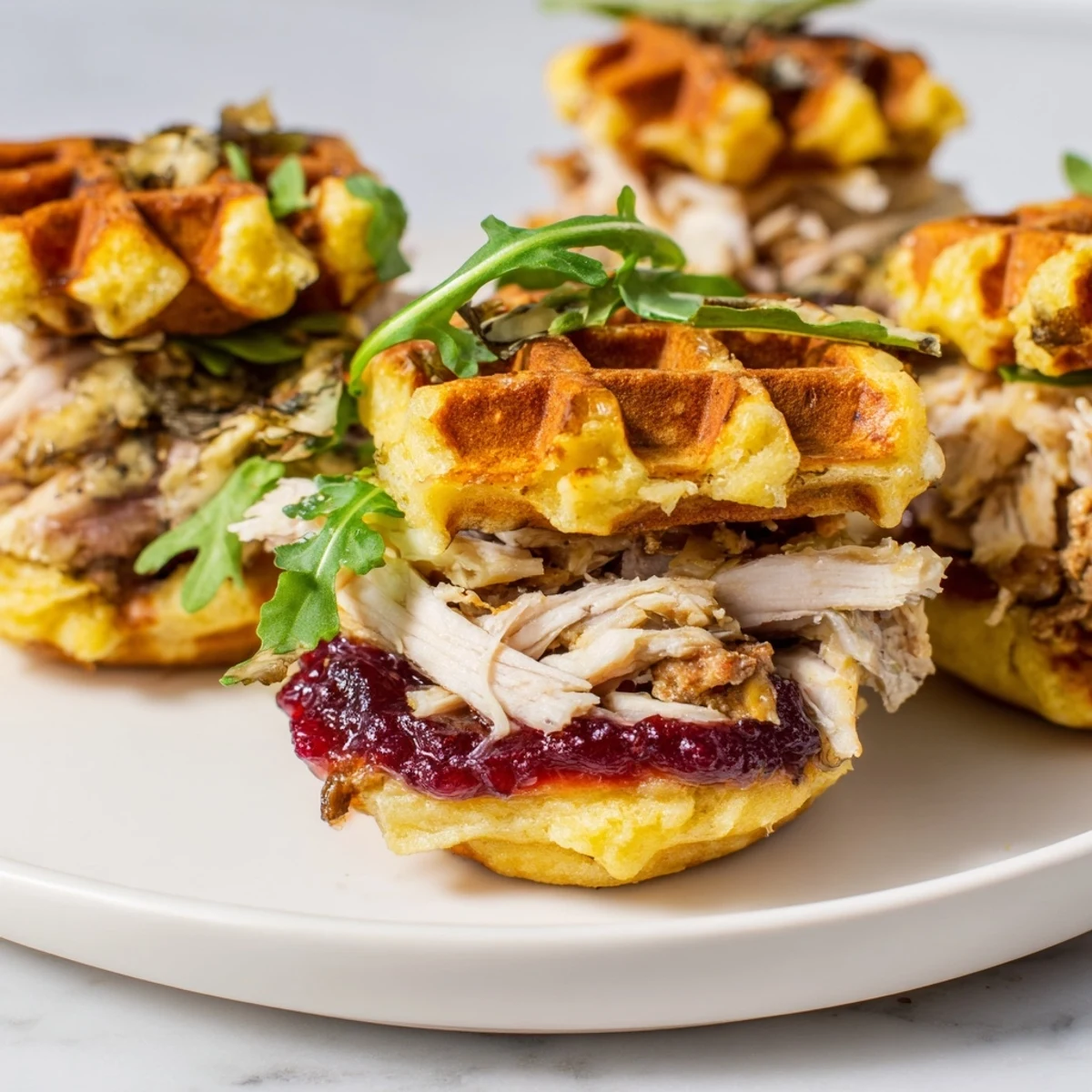 Savory stuffing waffle sliders with tender chicken and tangy cranberry sauce are ready to enjoy.