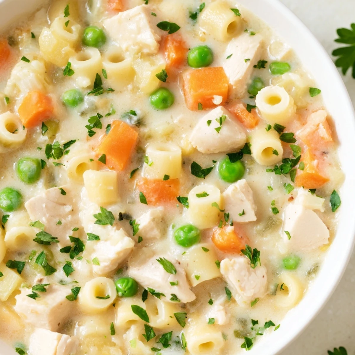 Creamy Chicken Pot Pie Pasta Soup, garnished with parsley, ready to warm your soul.