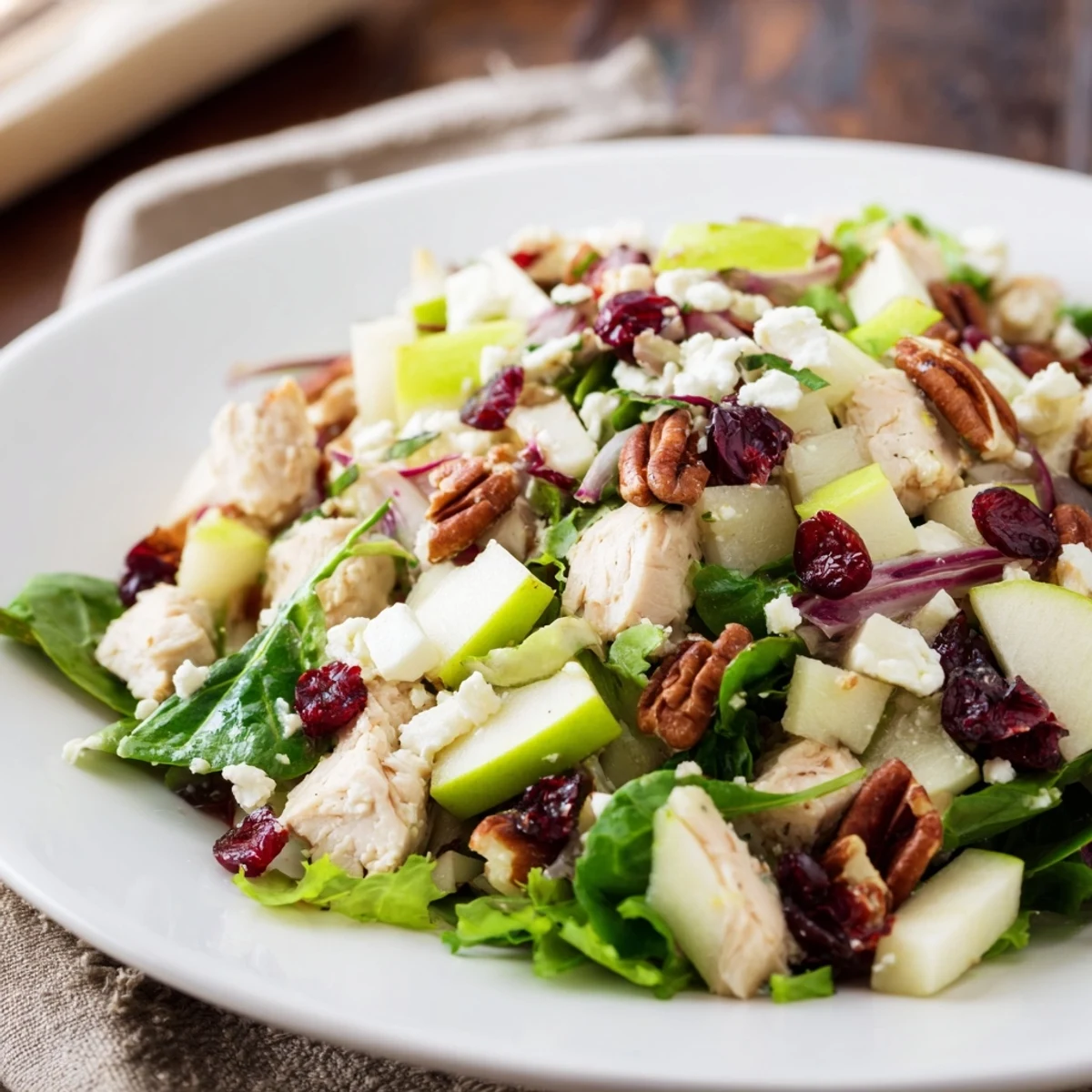 Chicken and Apple Winter Salad, vibrant with apples, chicken, and pecans, drizzled with tangy dressing – a taste sensation.