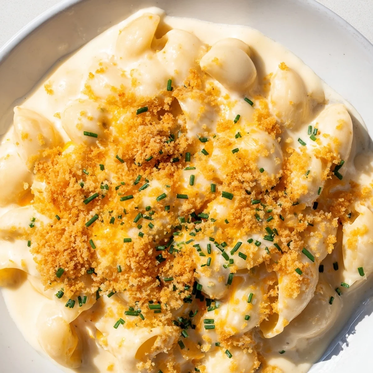 Golden, cheesy Cottage Cheese Mac and Cheese, ready to eat, with a sprinkle of fresh herbs.