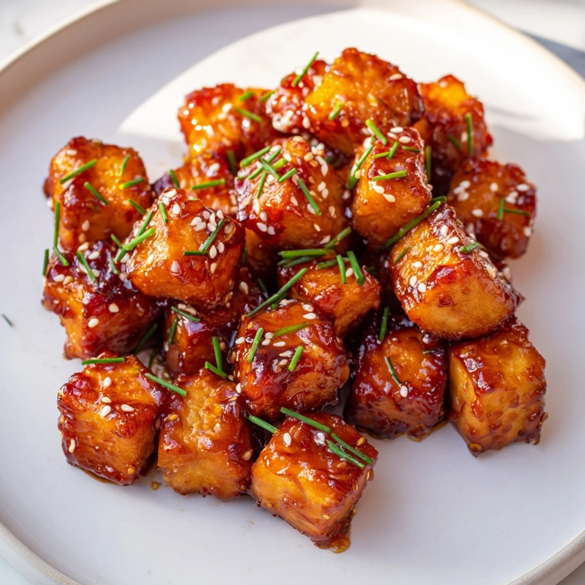 Golden air fryer turkey bites glistening with honey soy glaze, perfect for a quick appetizer.