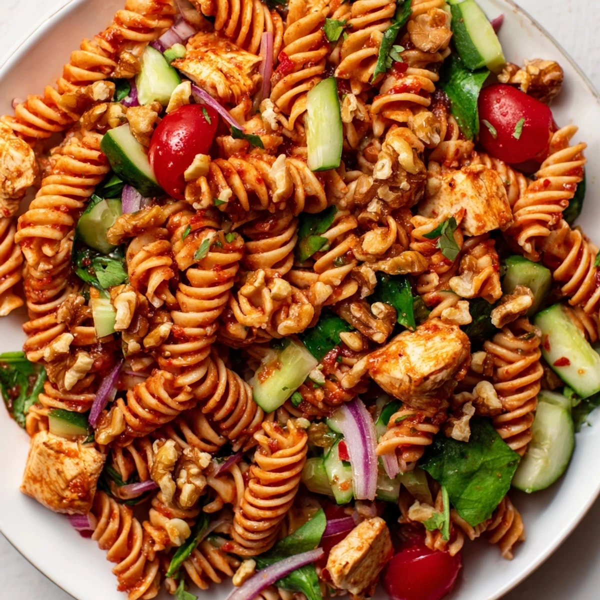 Pasta Salad with Cranberry Vinaigrette: A colorful bowl of chilled pasta salad with chicken and vibrant vegetables.