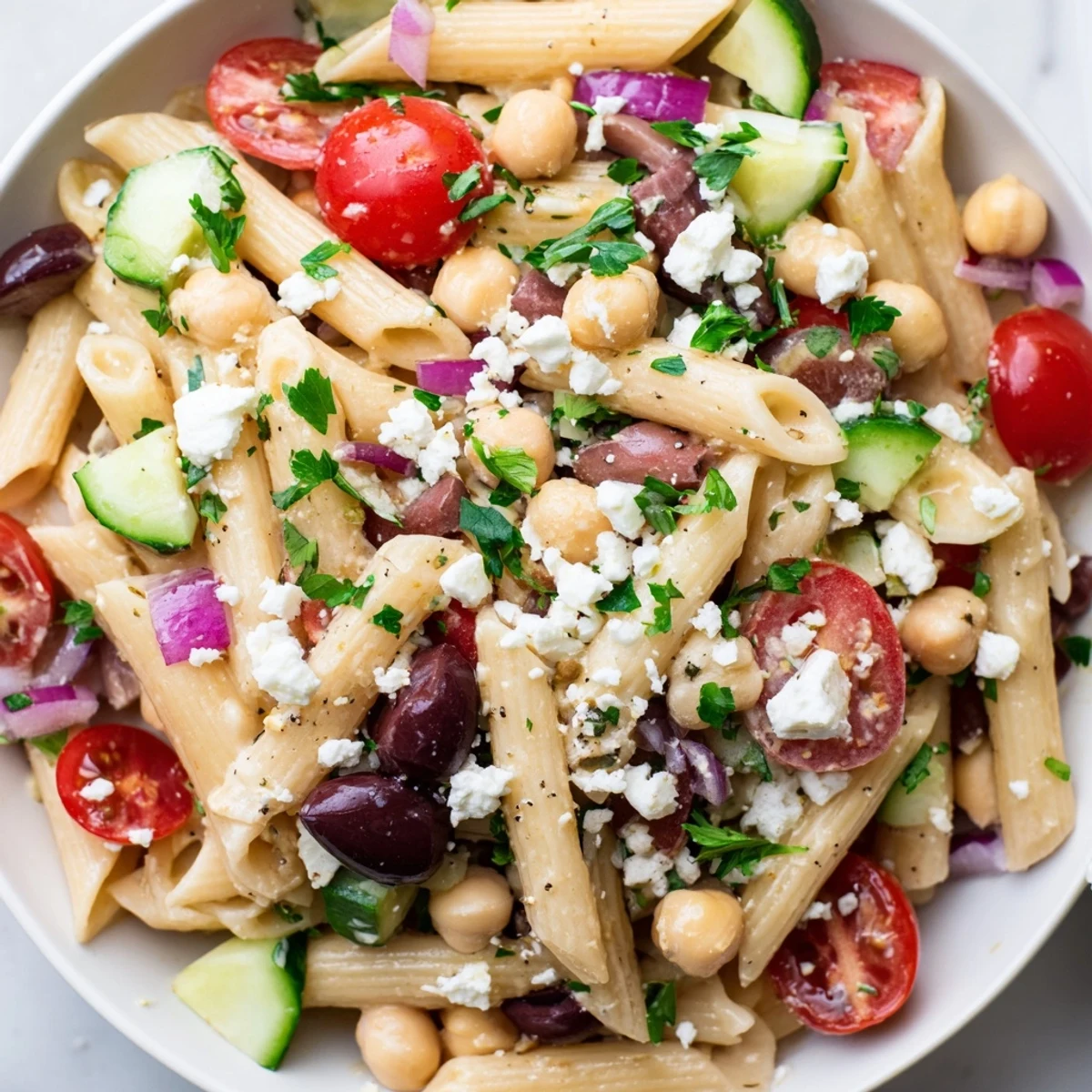 Vibrant Mediterranean pasta salad with chickpeas, feta crumbles, and fresh vegetables tossed in zesty dressing.