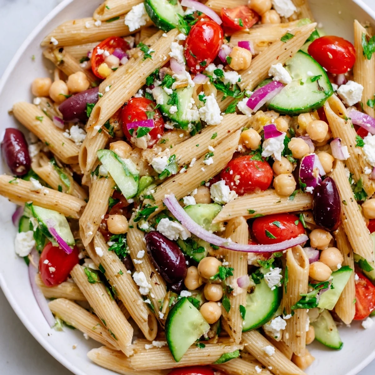 Close-up of a refreshing Mediterranean pasta salad with chickpeas, featuring juicy tomatoes and olives.