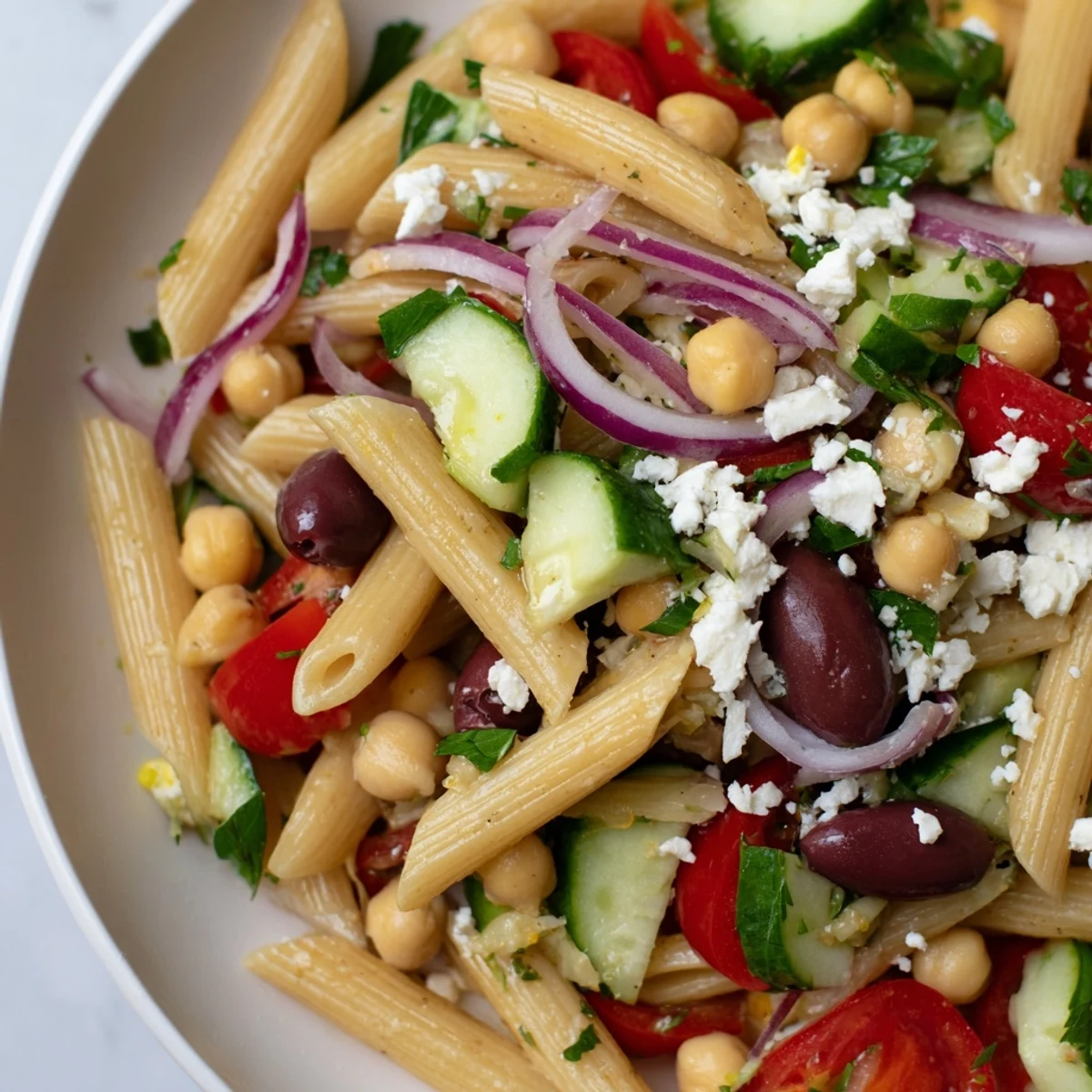 A colorful Mediterranean pasta salad with chickpeas, ideal for a light lunch, topped with feta cheese.