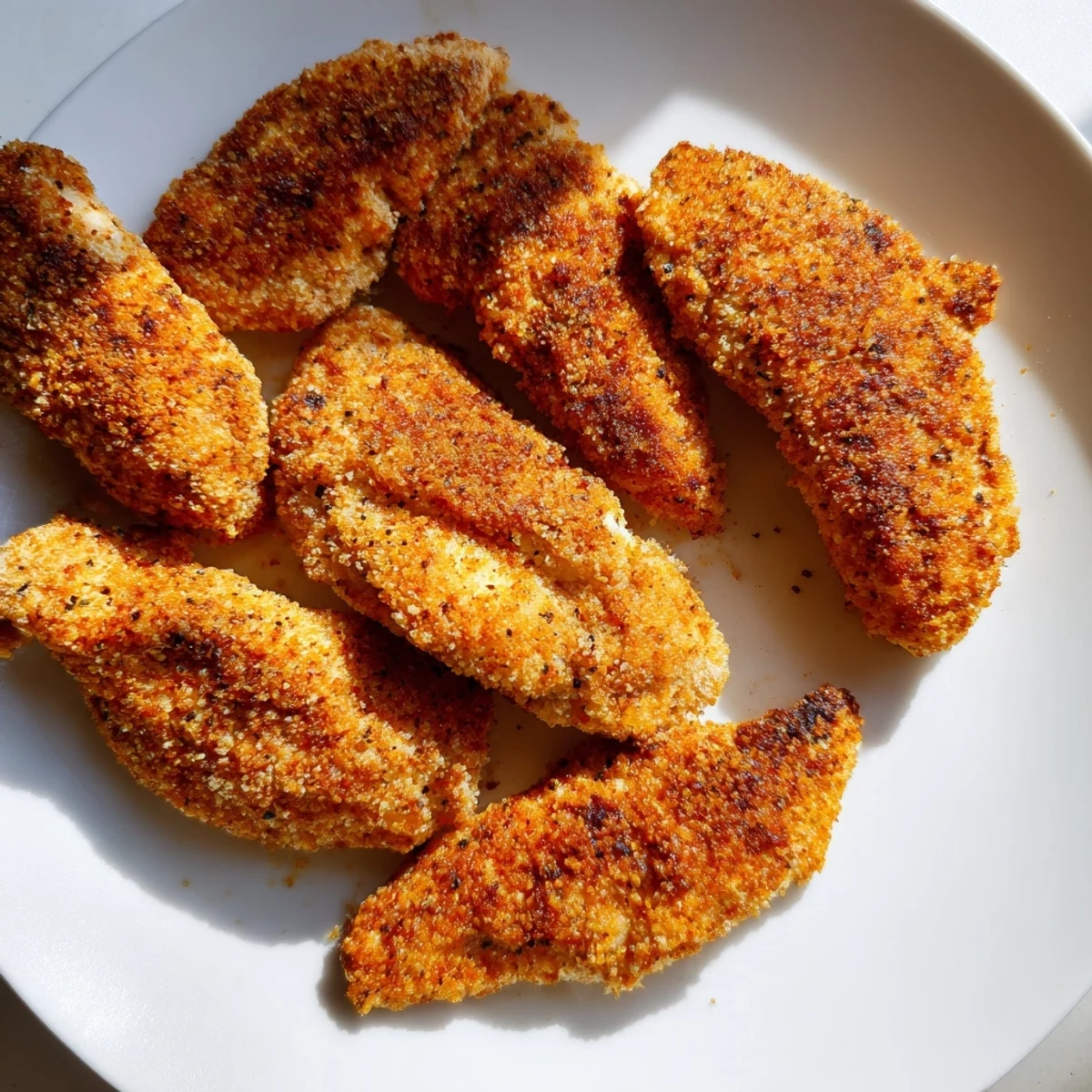 The perfectly cooked and crispy air-fried chicken tenders with a tantalizing, seasoned breading texture.