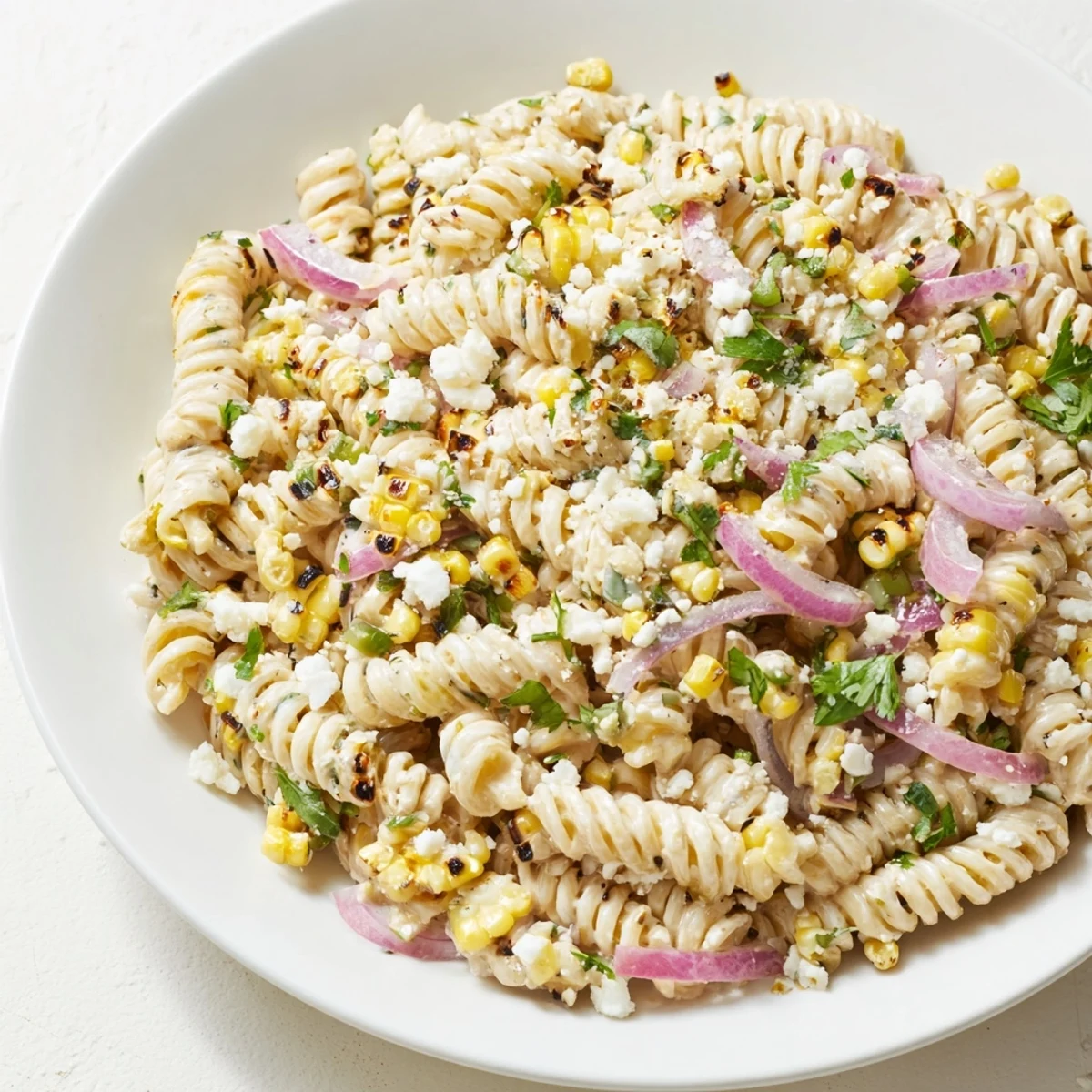 Creamy Street Corn Pasta Salad with charred corn kernels and a sprinkle of cotija cheese, ready to serve.
