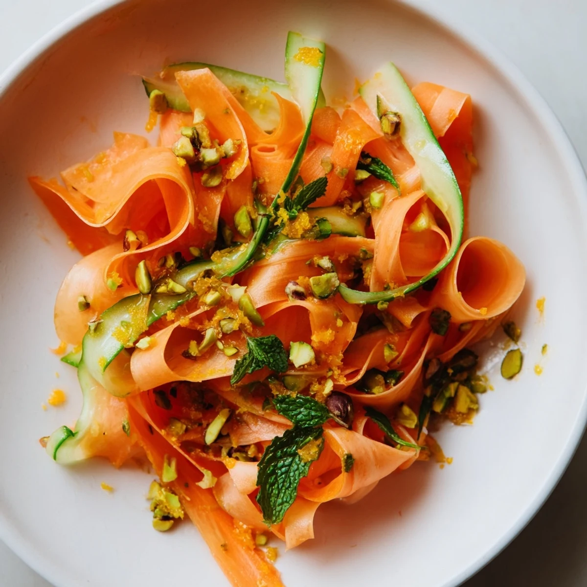 Freshly made Citrus Carrot Ribbon Salad showcases colorful ribbons, drizzled with honey-citrus dressing.
